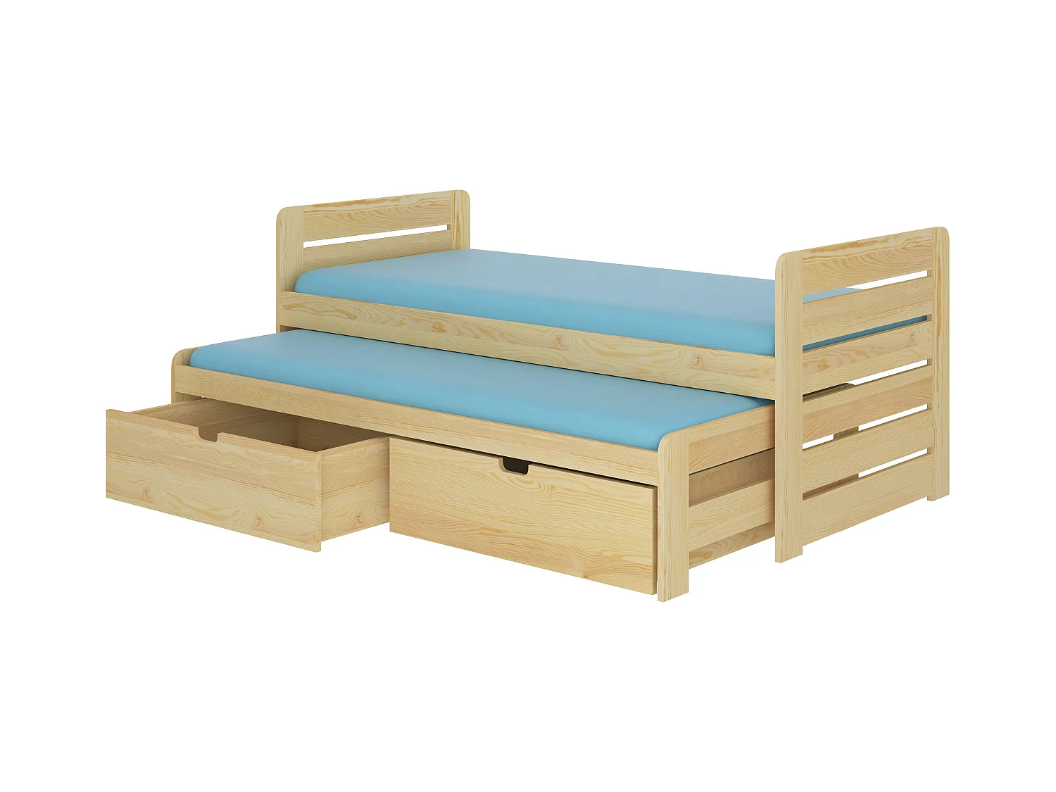Lit gigogne pin vernis naturel 2 couchages 90x200 avec 2 coffres de rangement Balina