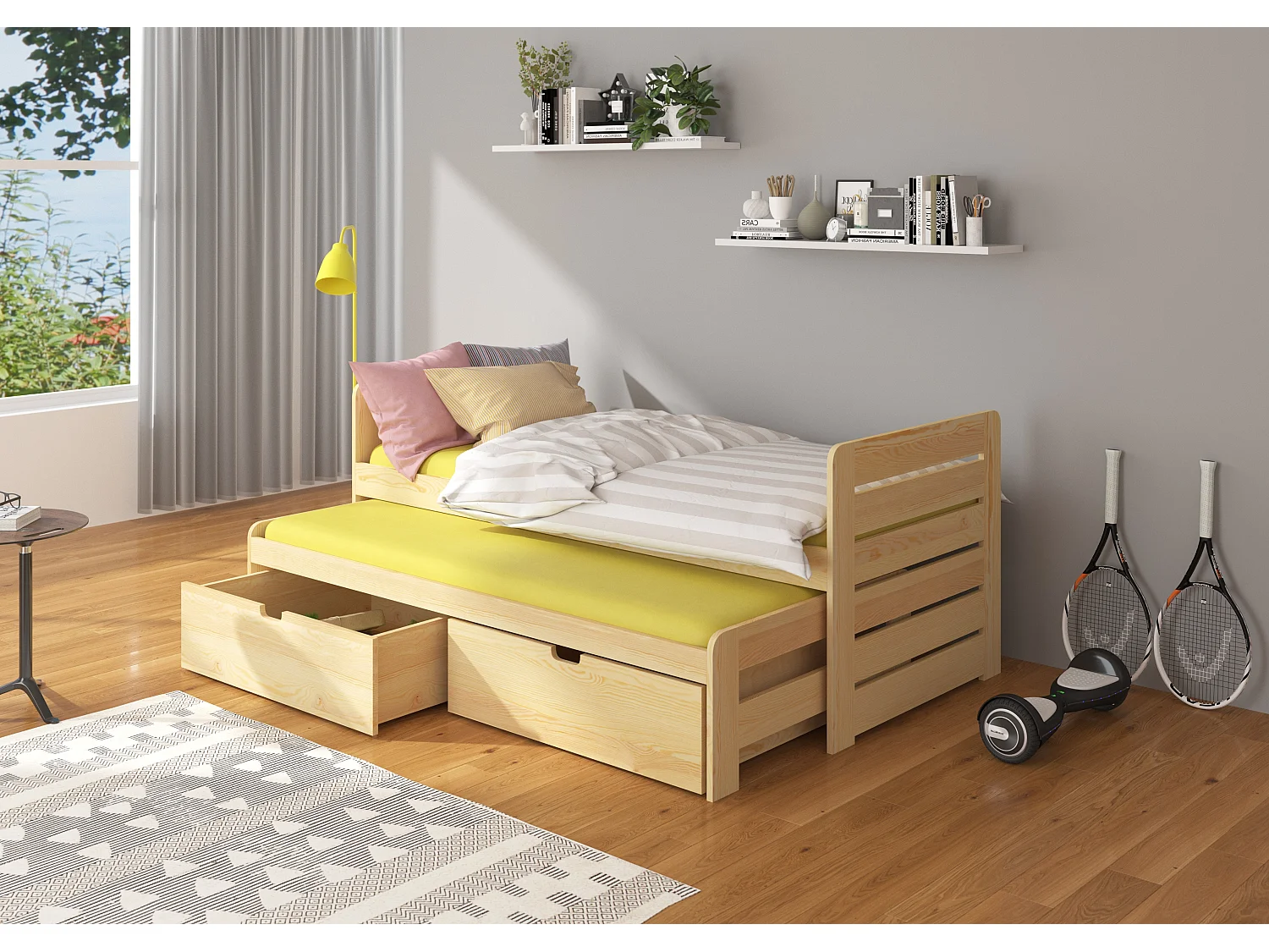 Lit gigogne pin vernis naturel 2 couchages 90x200 avec 2 coffres de rangement Balina