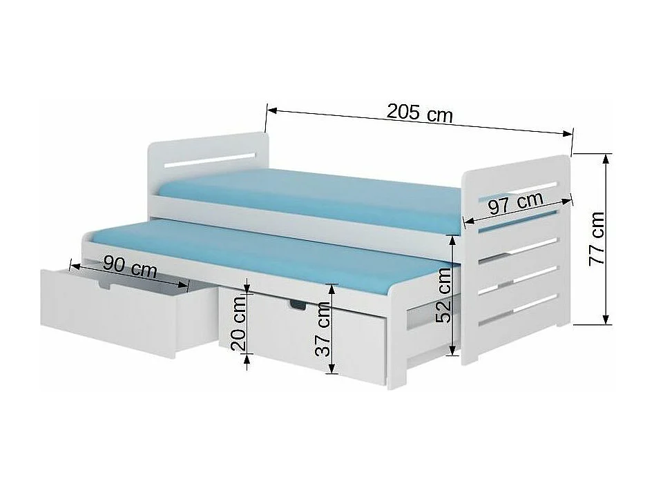 Lit gigogne pin vernis naturel 2 couchages 90x200 avec 2 coffres de rangement Balina