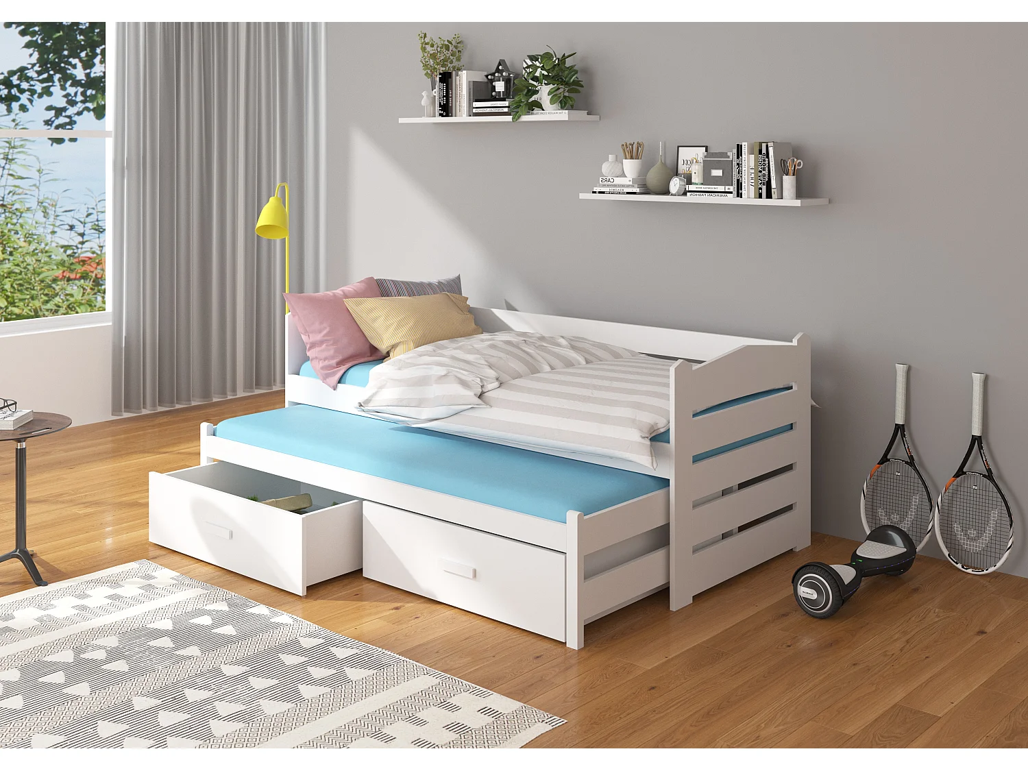 Lit gigogne blanc 2 couchages 90x200 avec 2 coffres de rangement Kuska