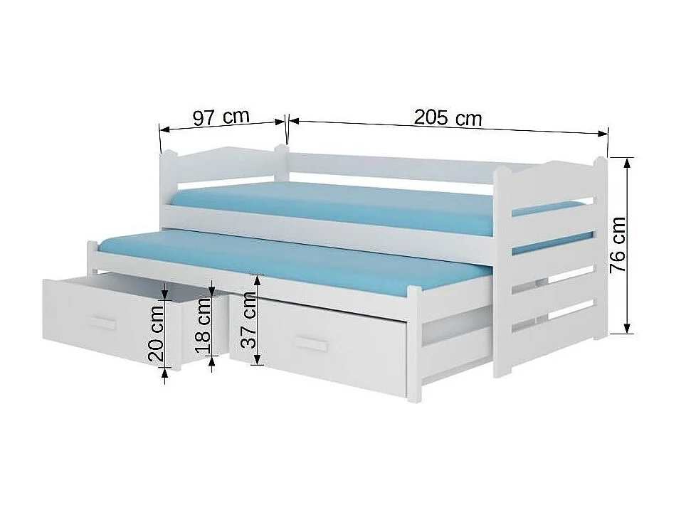 Lit gigogne blanc 2 couchages 90x200 avec 2 coffres de rangement Kuska