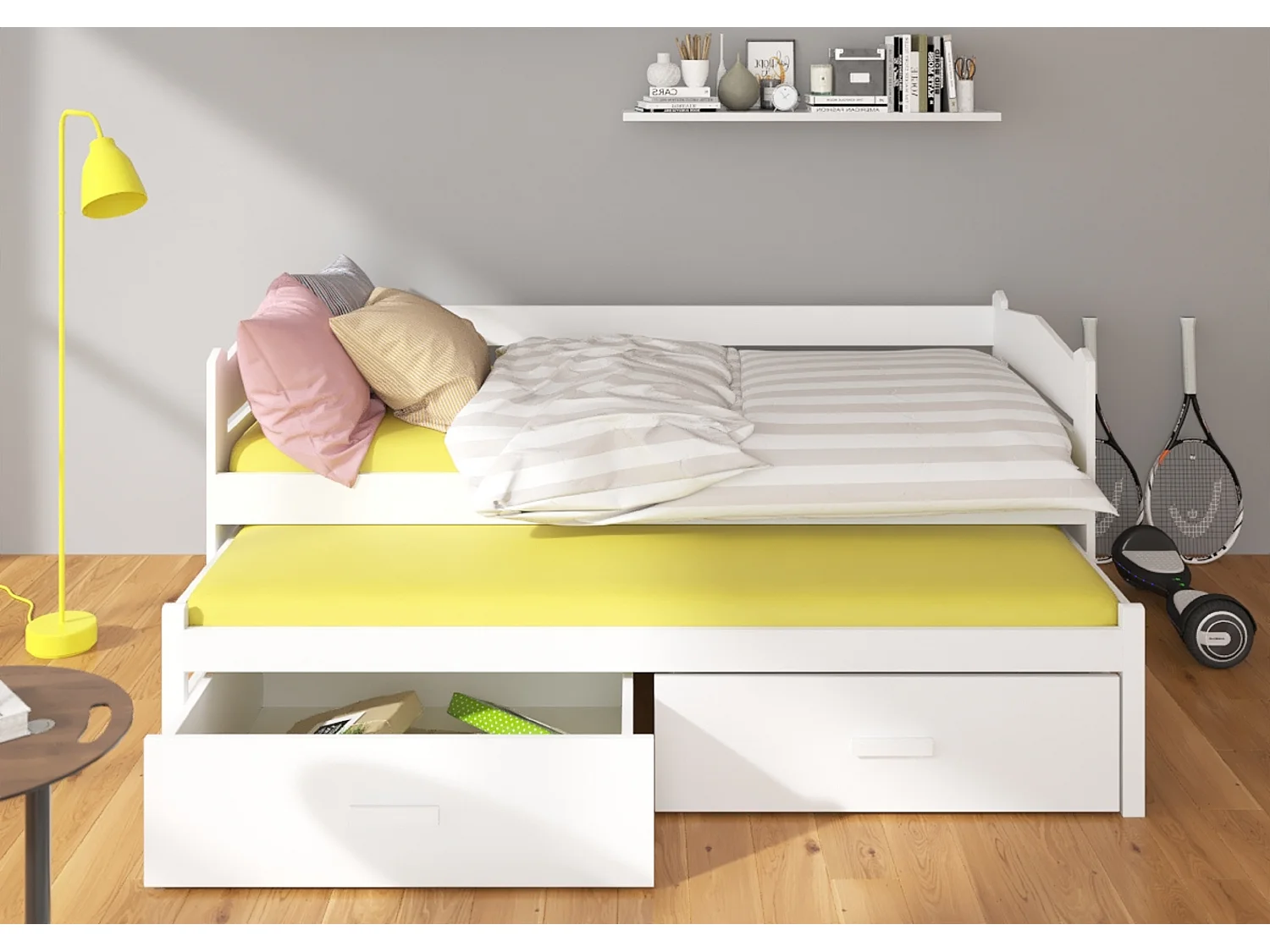 Wit onderschuifbed voor 2 personen 90x200 cm met 2 Kuska opbergboxen