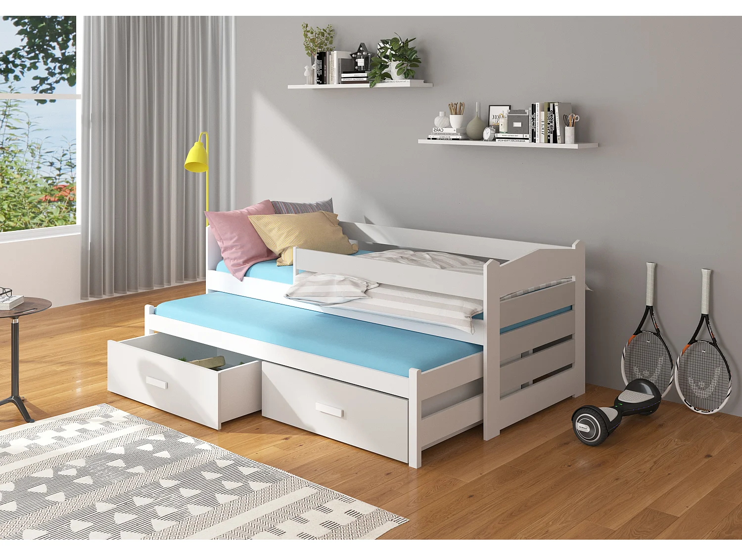 Lit gigogne blanc et gris clair 2 couchages 90x200 avec 2 coffres de rangement Kuska