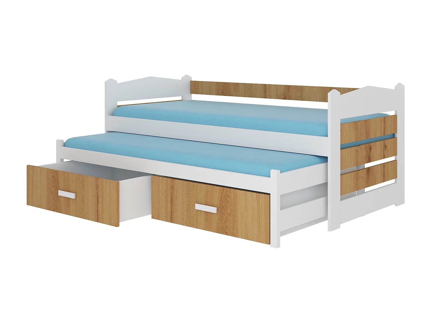 Lit gigogne blanc et bois artisan 2 couchages 90x200 avec 2 coffres de rangement Kuska