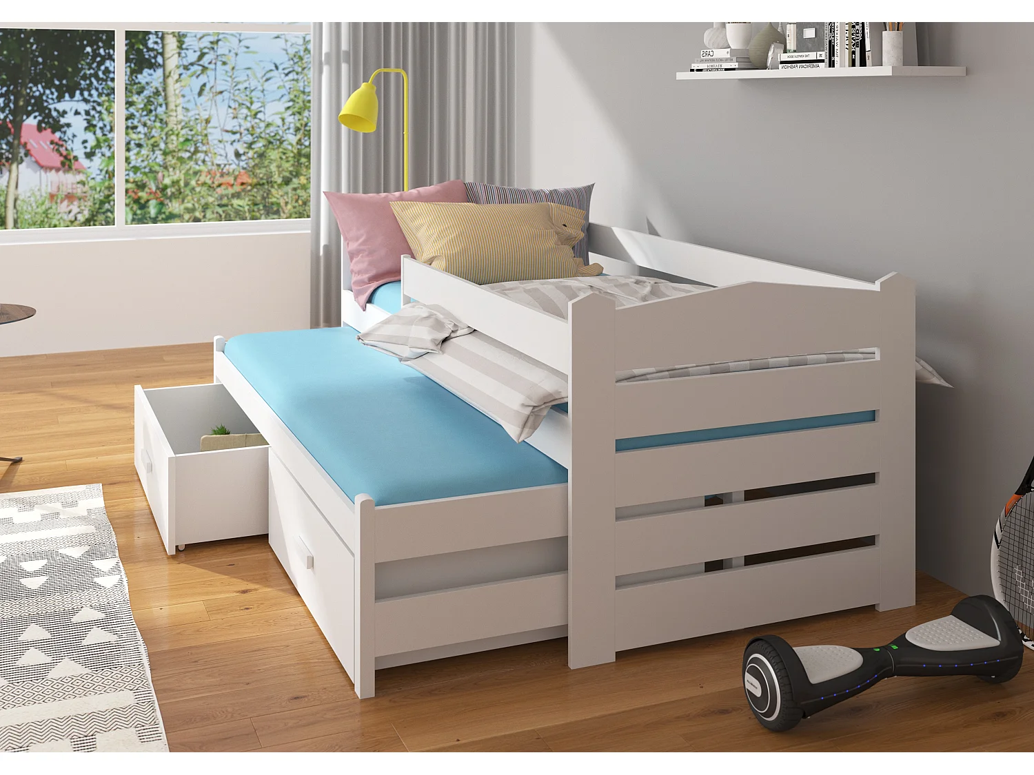 Lit gigogne blanc et bois artisan 2 couchages 90x200 avec 2 coffres de rangement Kuska