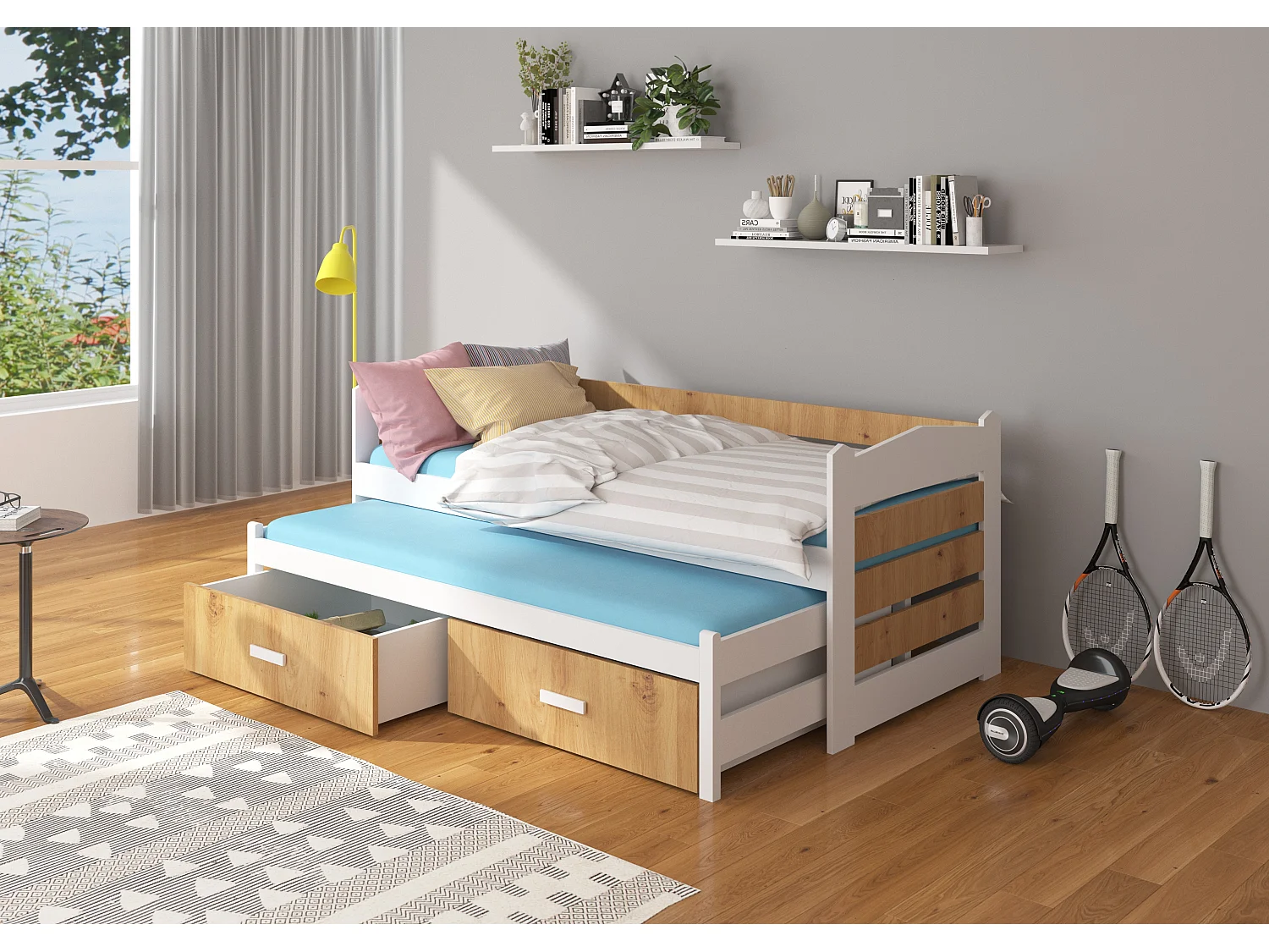 Lit gigogne blanc et bois artisan 2 couchages 90x200 avec 2 coffres de rangement Kuska