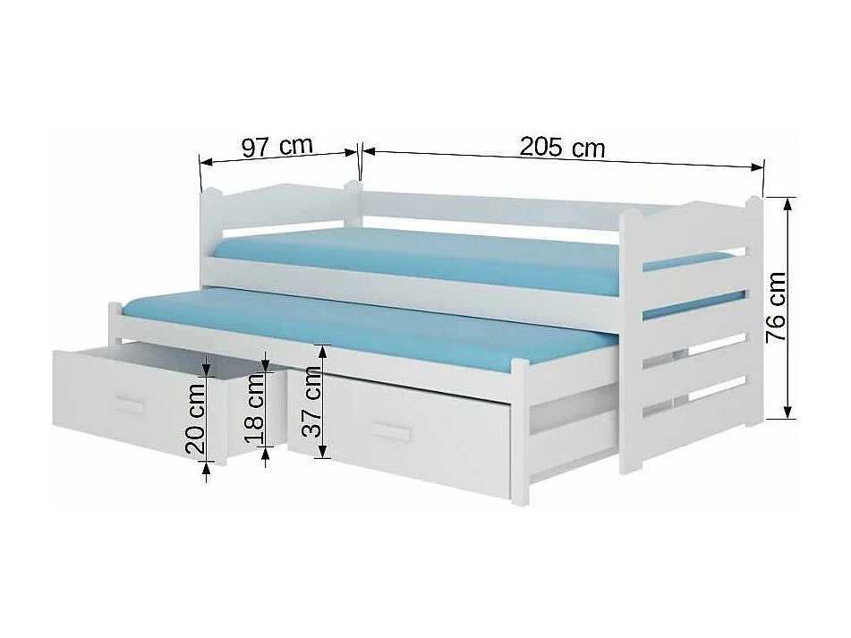 Lit gigogne blanc et bois artisan 2 couchages 90x200 avec 2 coffres de rangement Kuska