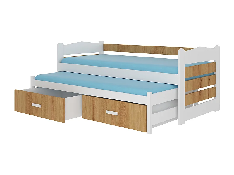 Lit gigogne blanc et bois artisan 2 couchages 90x200 avec 2 coffres de rangement Kuska