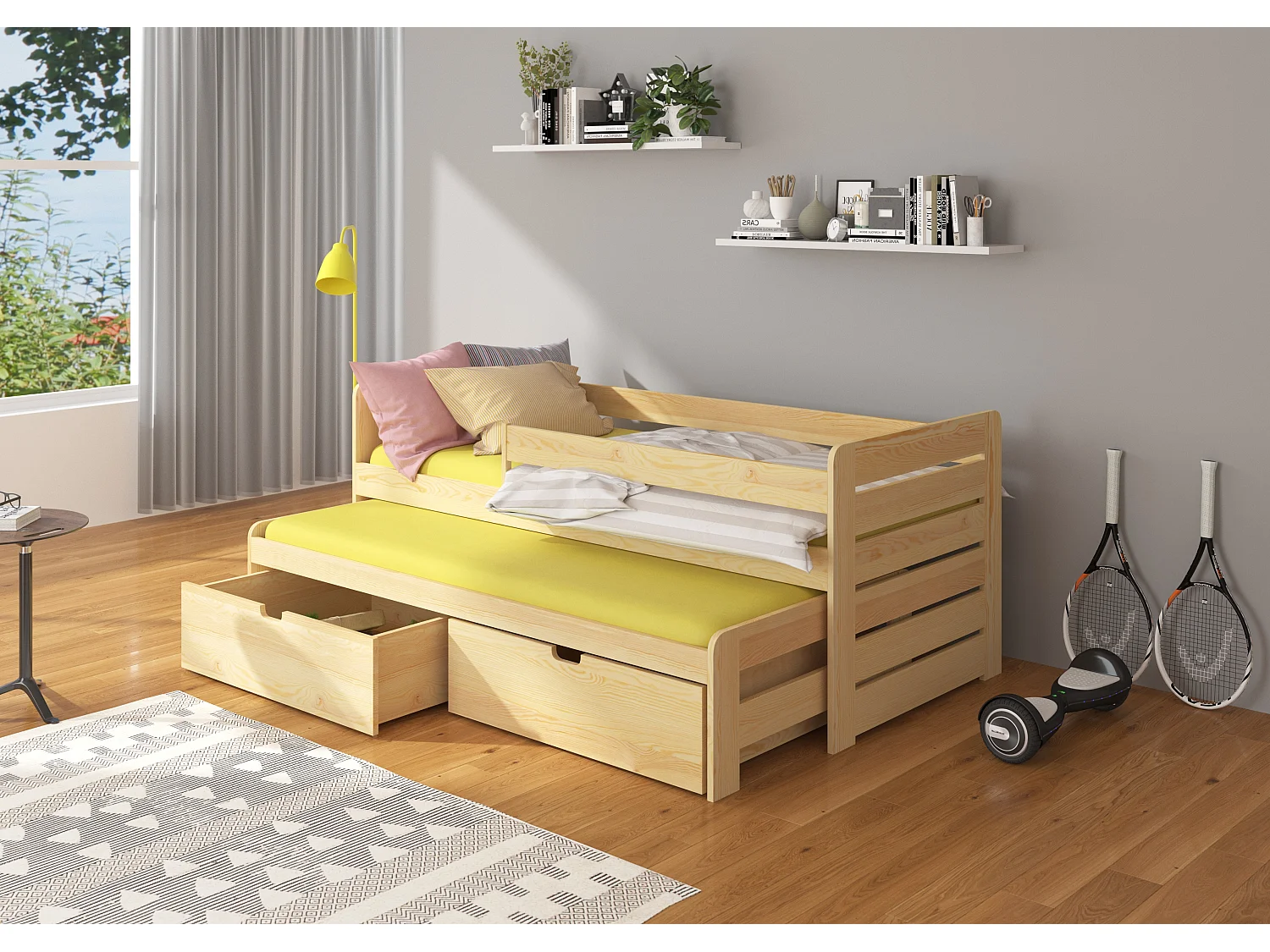 Lit gigogne bois pin naturel 2 couchages 90x200 avec 2 coffres de rangement Solale