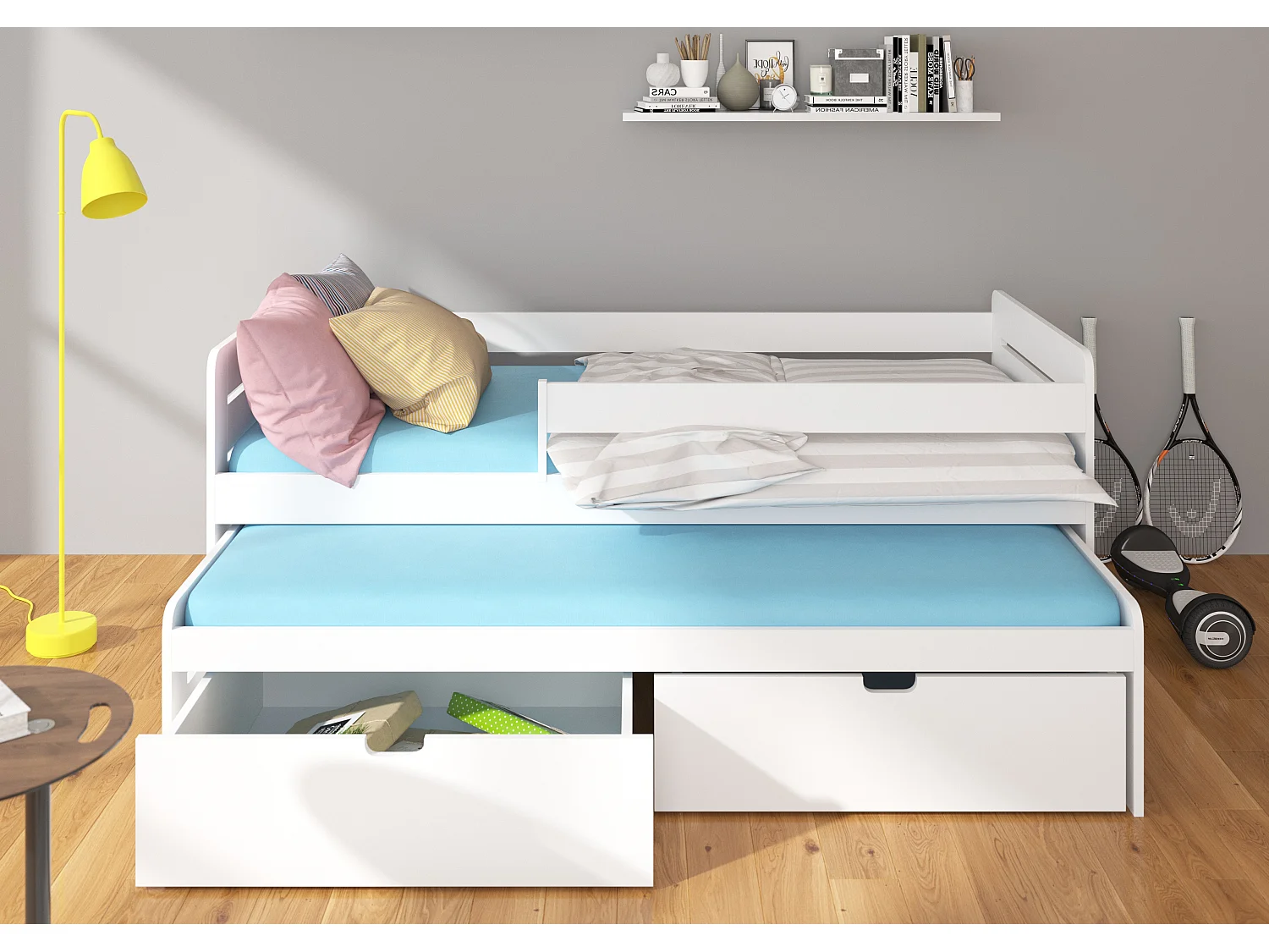 Lit gigogne bois pin naturel 2 couchages 90x200 avec 2 coffres de rangement Solale