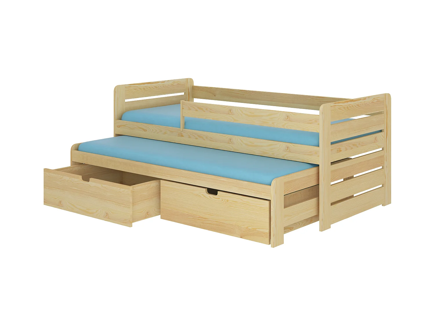 Lit gigogne bois pin naturel 2 couchages 90x200 avec 2 coffres de rangement Solale