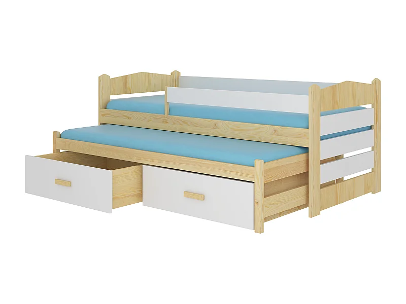 Onderschuifbed van naturel en wit grenenhout voor 2 personen 90x200 cm met 2 Kuska opbergdozen