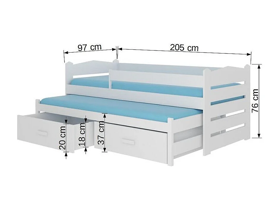 Lit gigogne bois pin naturel et blanc 2 couchages 90x200 avec 2 coffres de rangement Kuska
