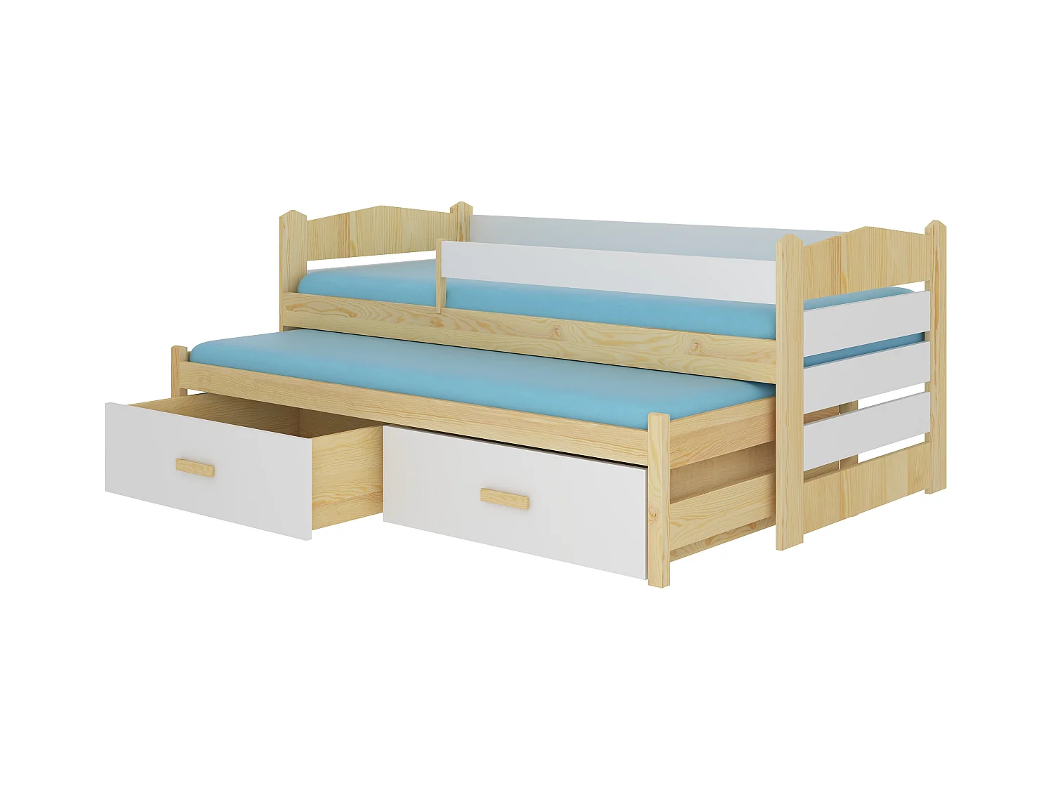Lit gigogne bois pin naturel et blanc 2 couchages 90x200 avec 2 coffres de rangement Kuska