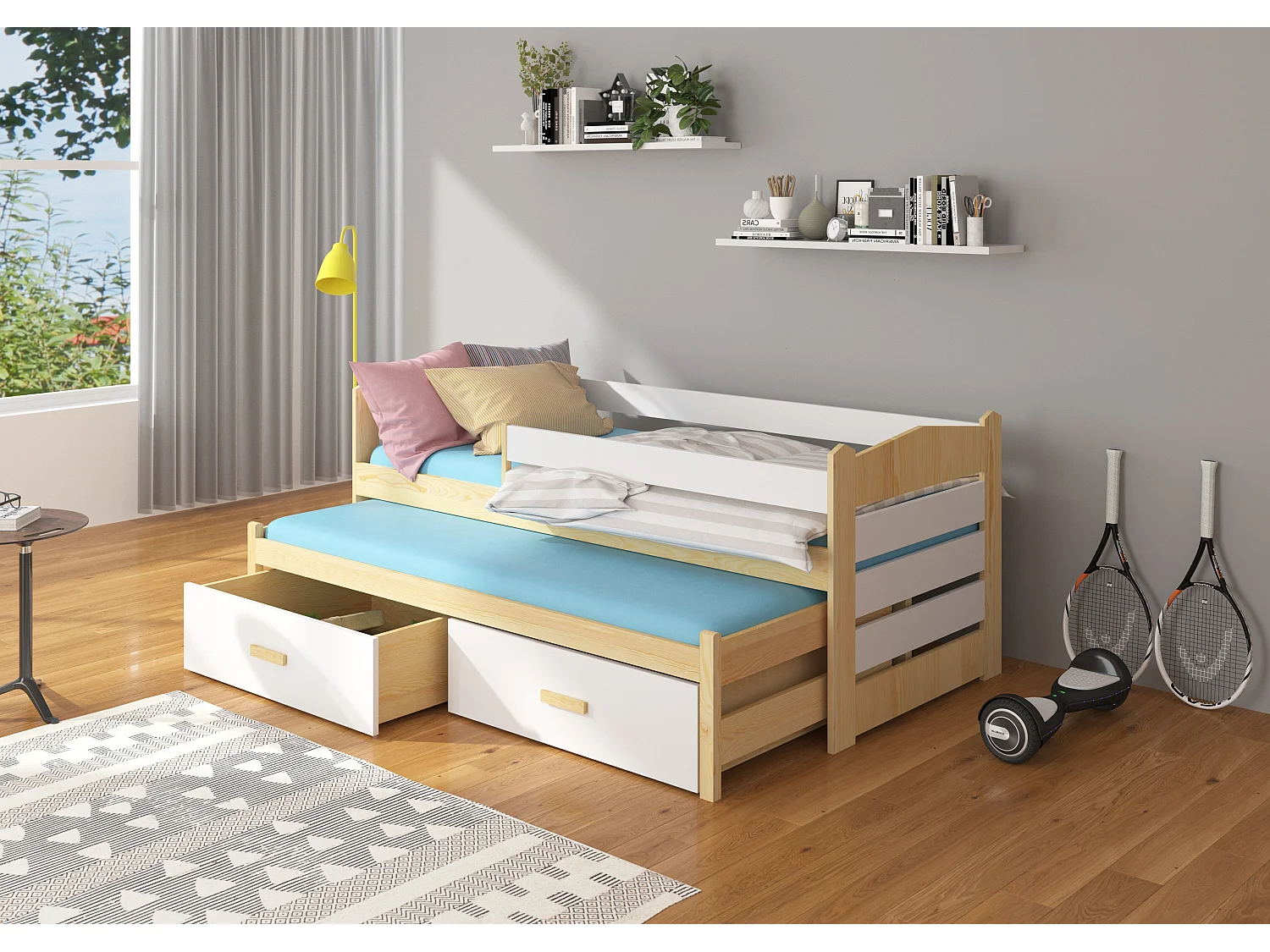 Onderschuifbed van naturel en wit grenenhout voor 2 personen 90x200 cm met 2 Kuska opbergdozen