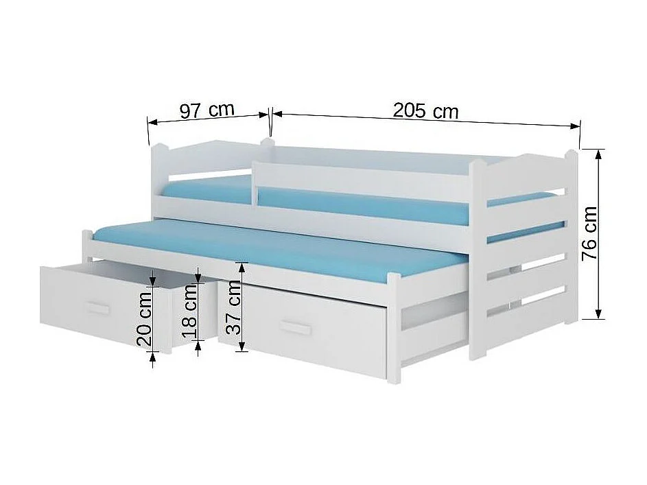 Roze en wit onderschuifbed voor 2 personen 90x200 cm met 2 Kuska opbergdozen