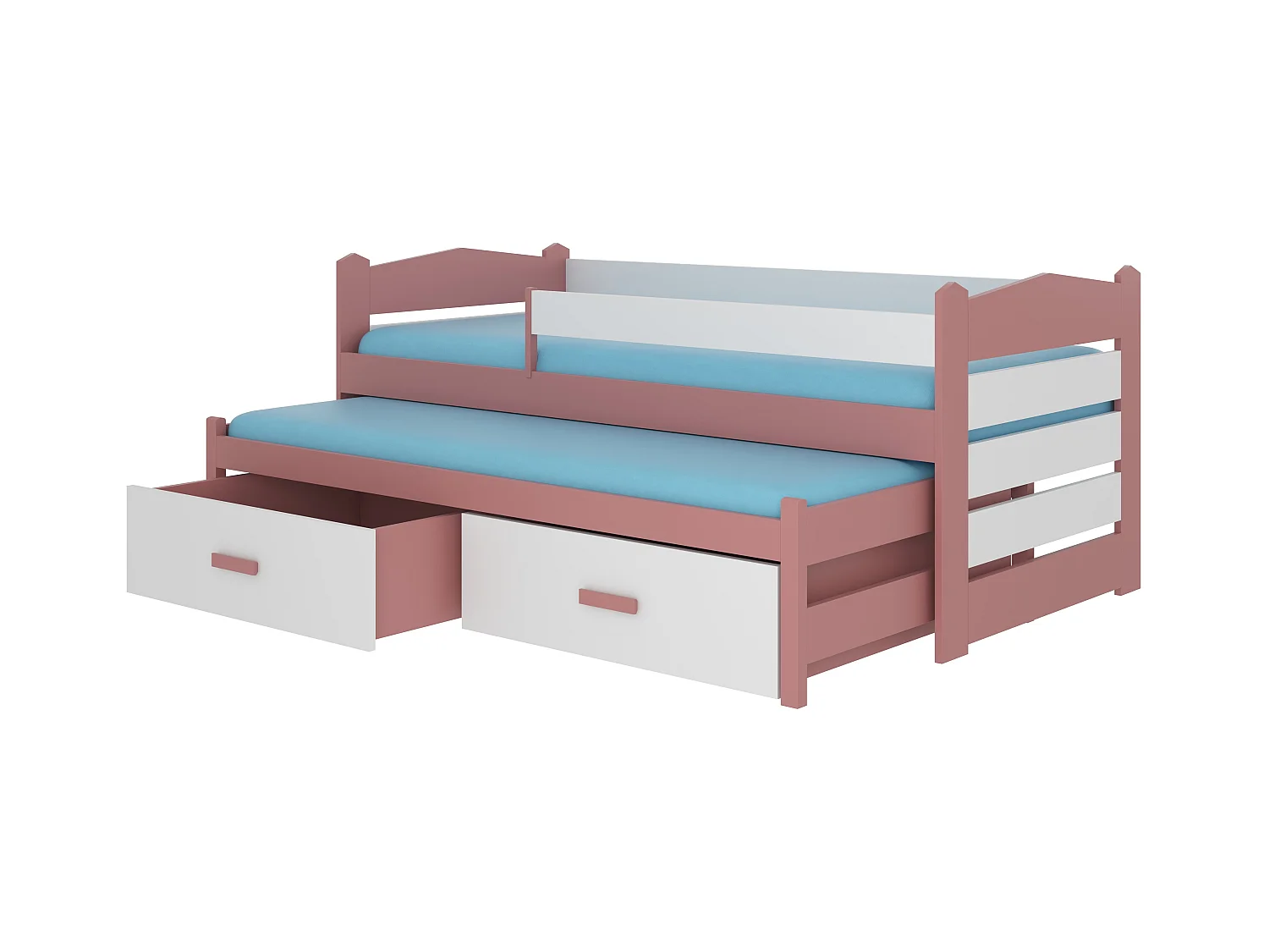 Lit gigogne rose et blanc 2 couchages 90x200 avec 2 coffres de rangement Kuska