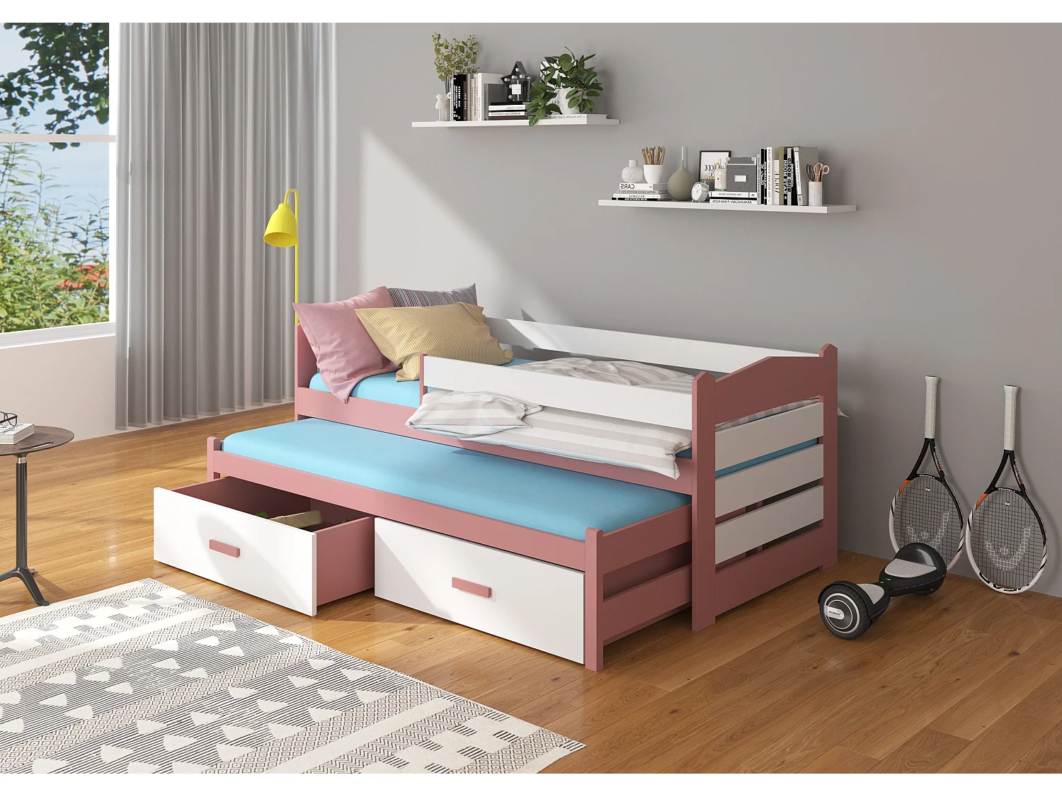 Roze en wit onderschuifbed voor 2 personen 90x200 cm met 2 Kuska opbergdozen