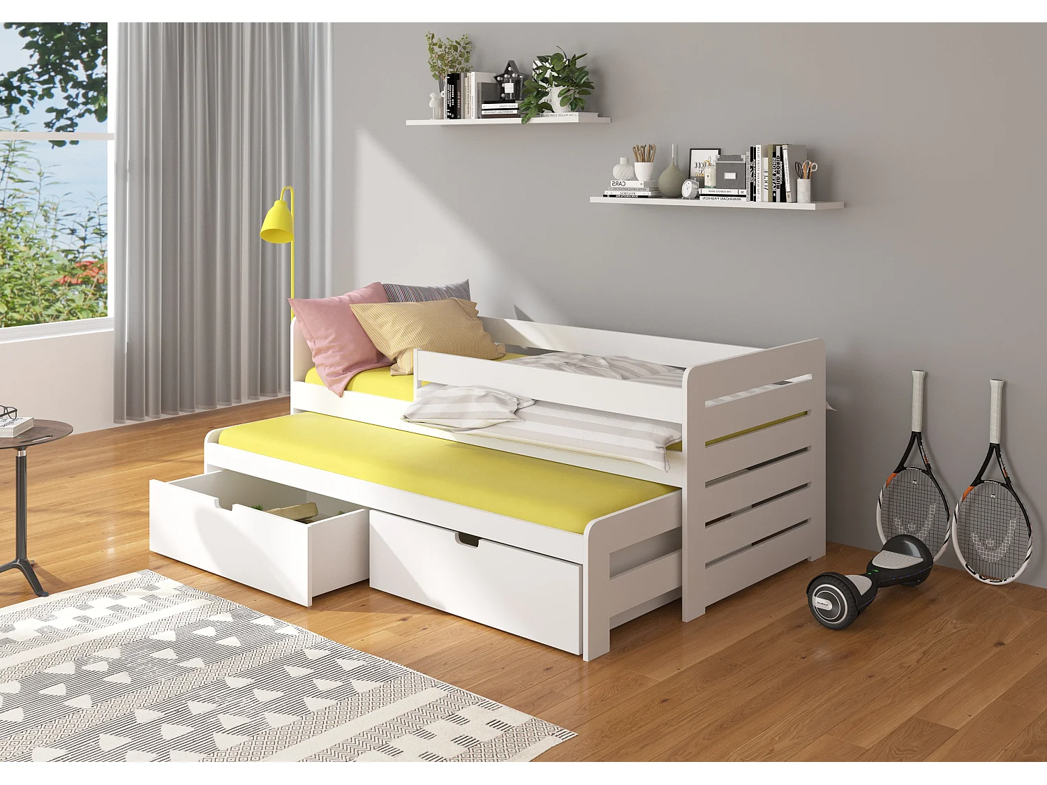 Lit gigogne blanc 2 couchages 90x200 avec 2 coffres de rangement Solale