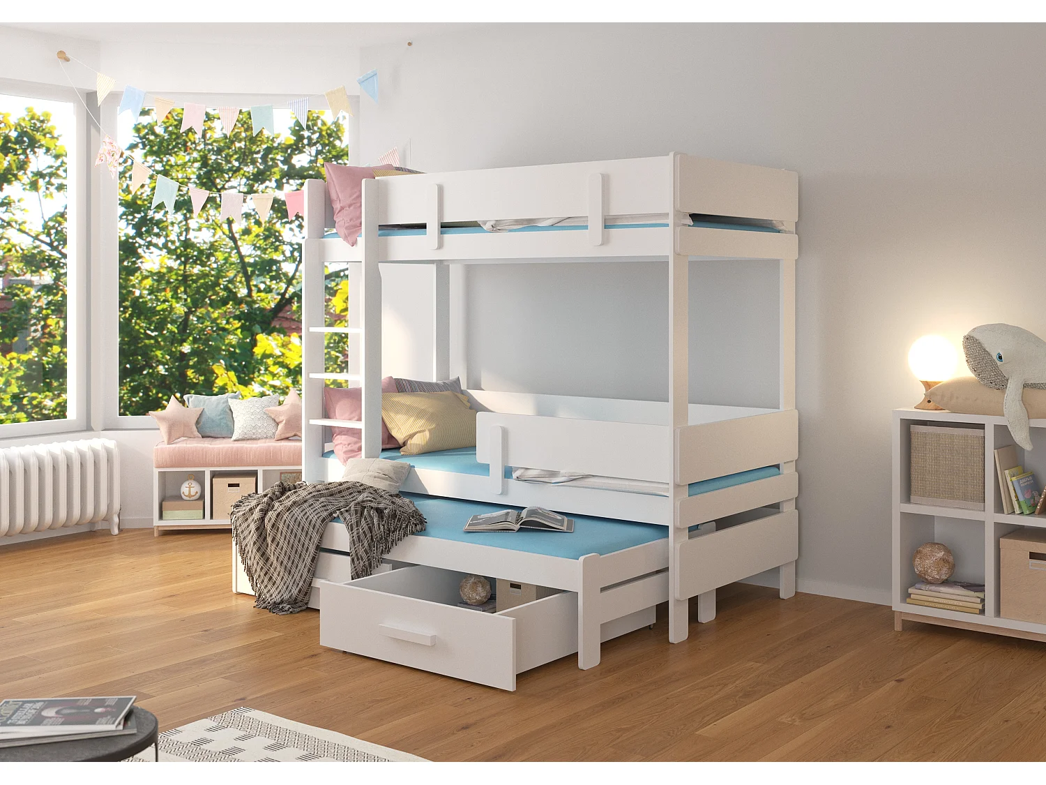 Lit superposé 3 niveaux avec 2 tiroirs de rangement blanc 90x200 Kopa