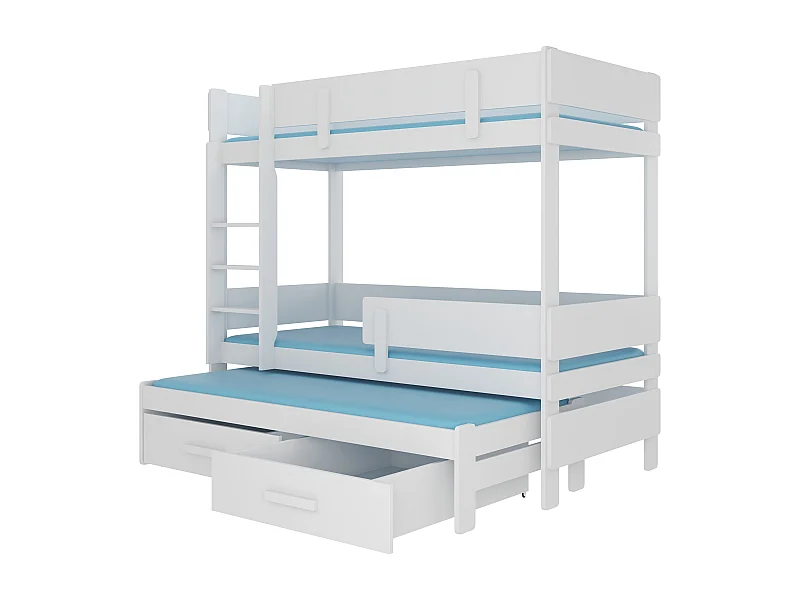 Lit superposé 3 niveaux avec 2 tiroirs de rangement blanc 90x200 Kopa