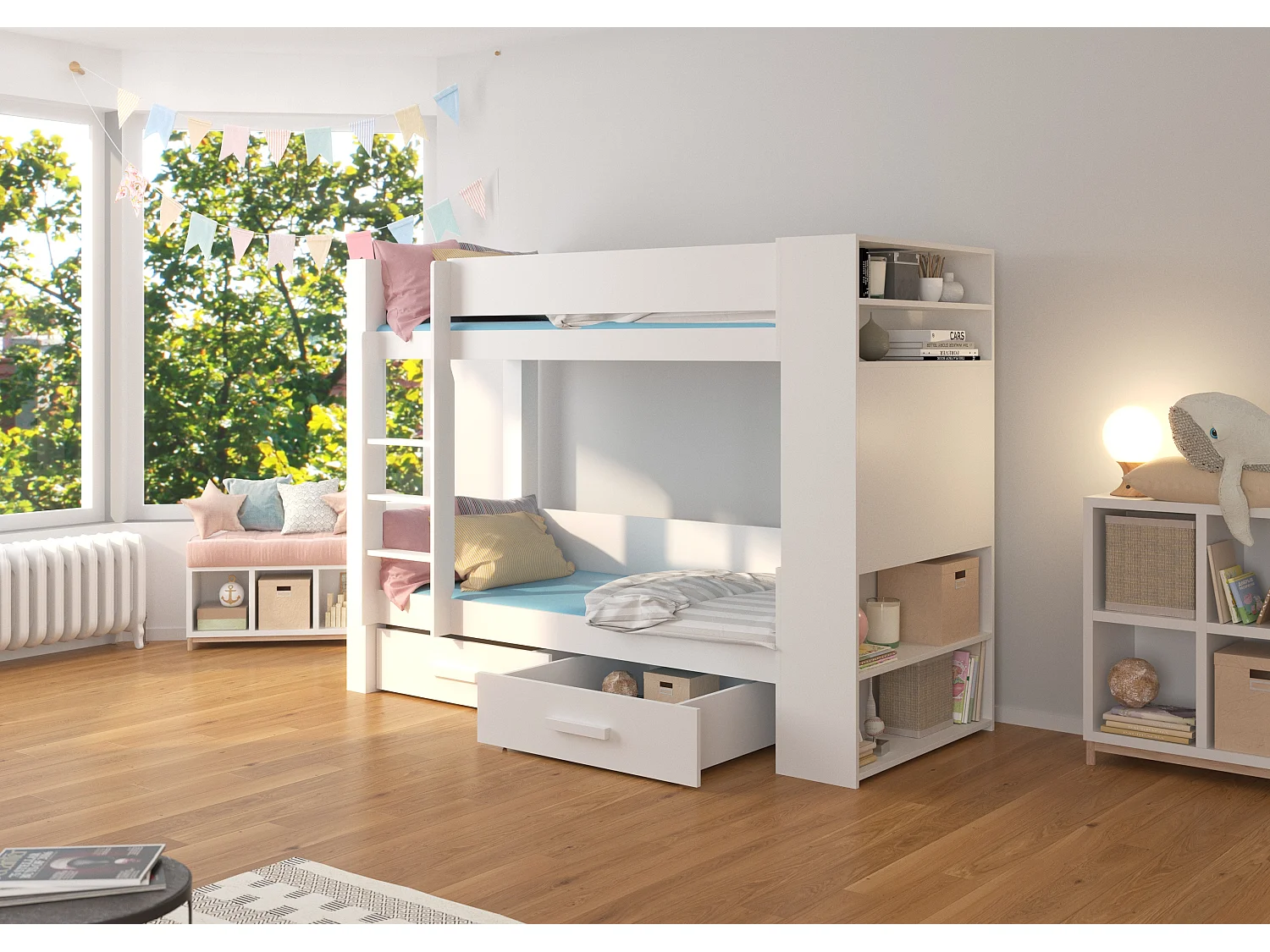 Lit superposé blanc 2 couchages 90x200 avec rangement Mila