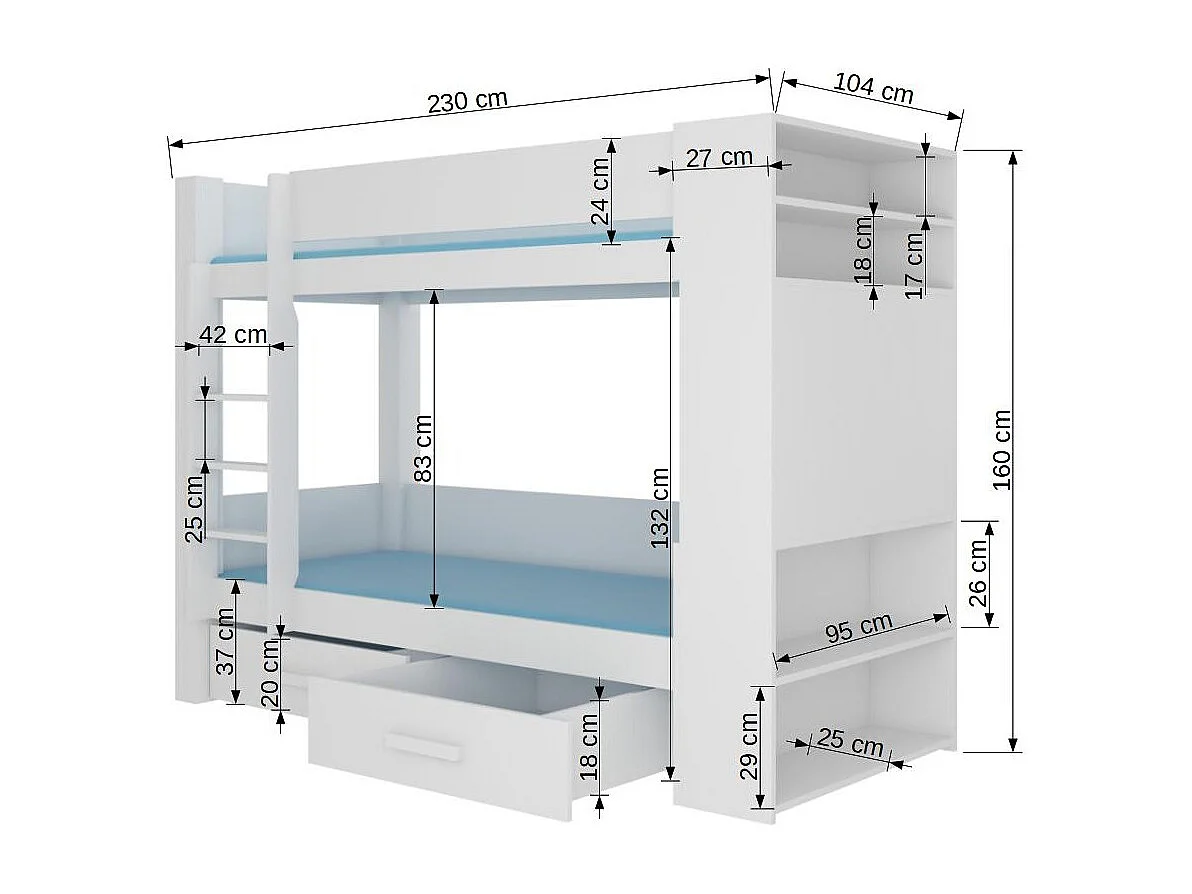 Lit superposé blanc 2 couchages 90x200 avec rangement Mila