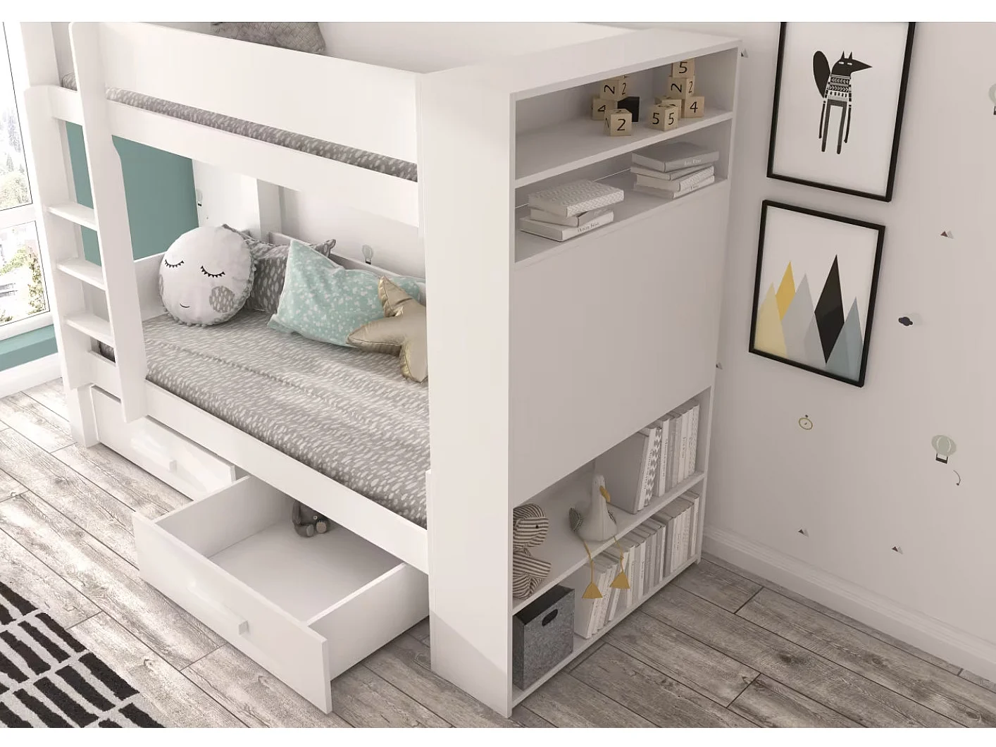 Lit superposé blanc 2 couchages 90x200 avec rangement Mila