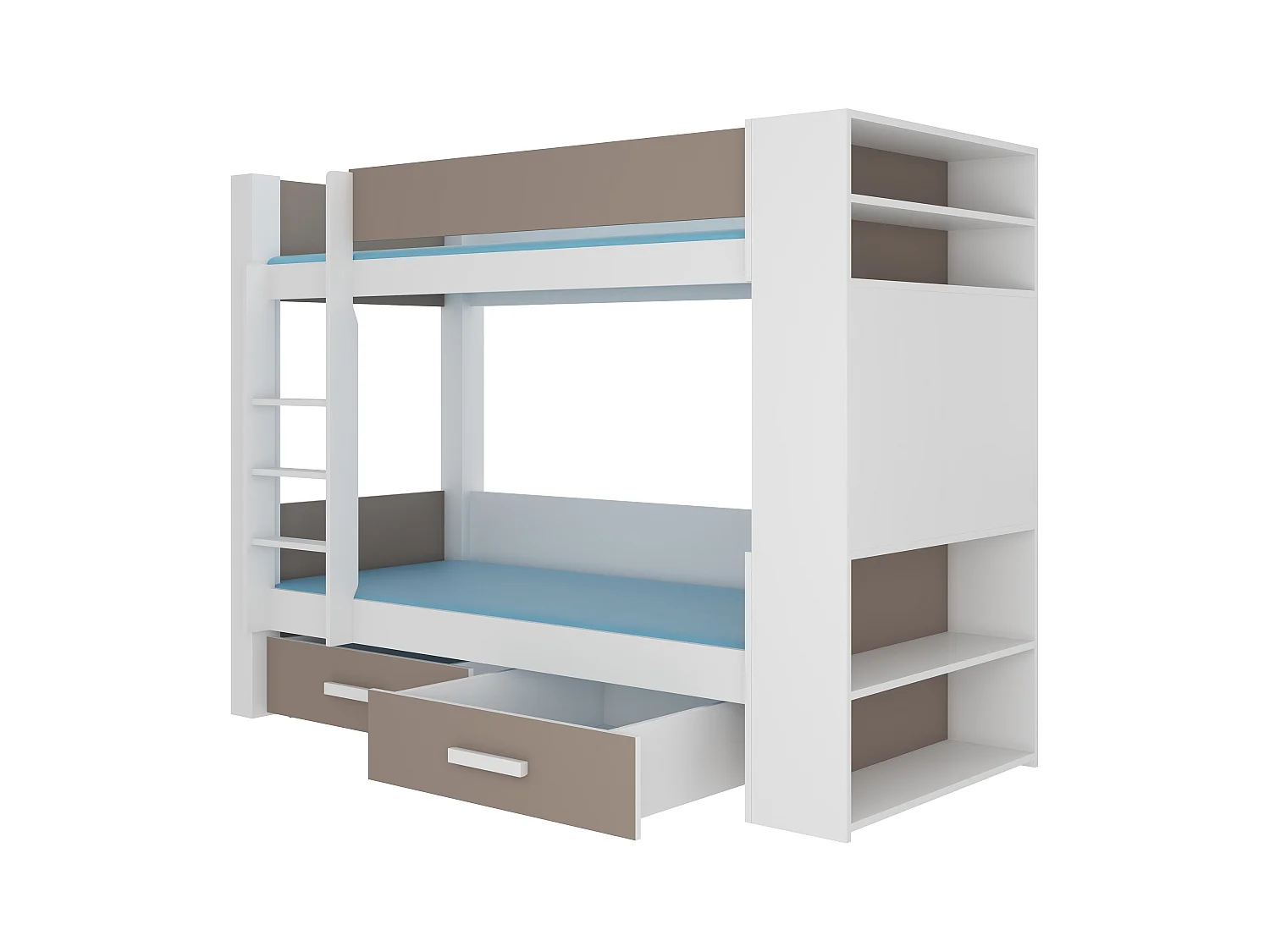 Lit superposé blanc et taupe 2 couchages 90x200 avec rangement Mila