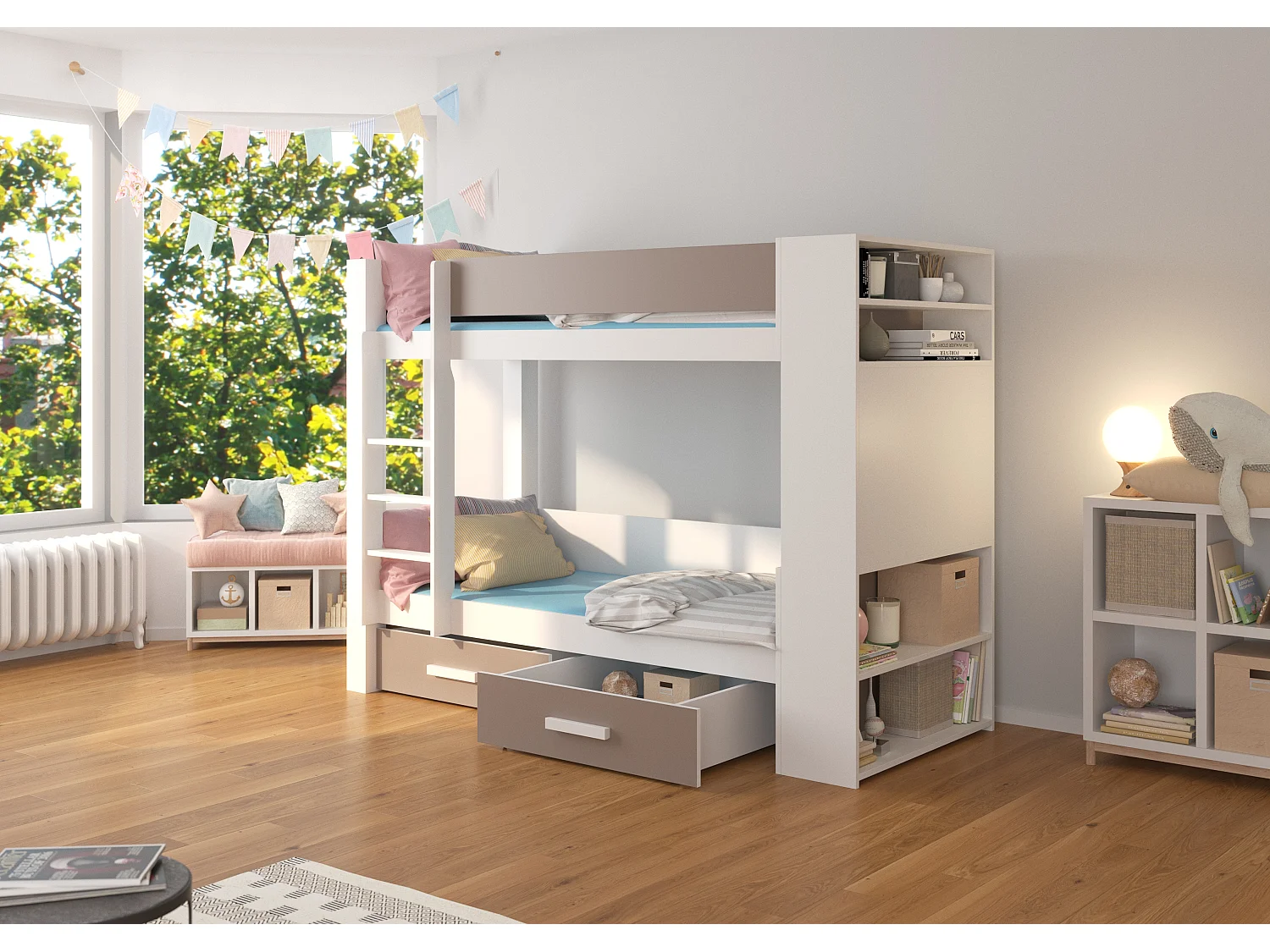 Lit superposé blanc et taupe 2 couchages 90x200 avec rangement Mila