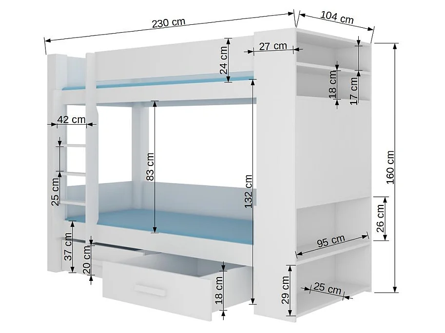 Lit superposé blanc et taupe 2 couchages 90x200 avec rangement Mila
