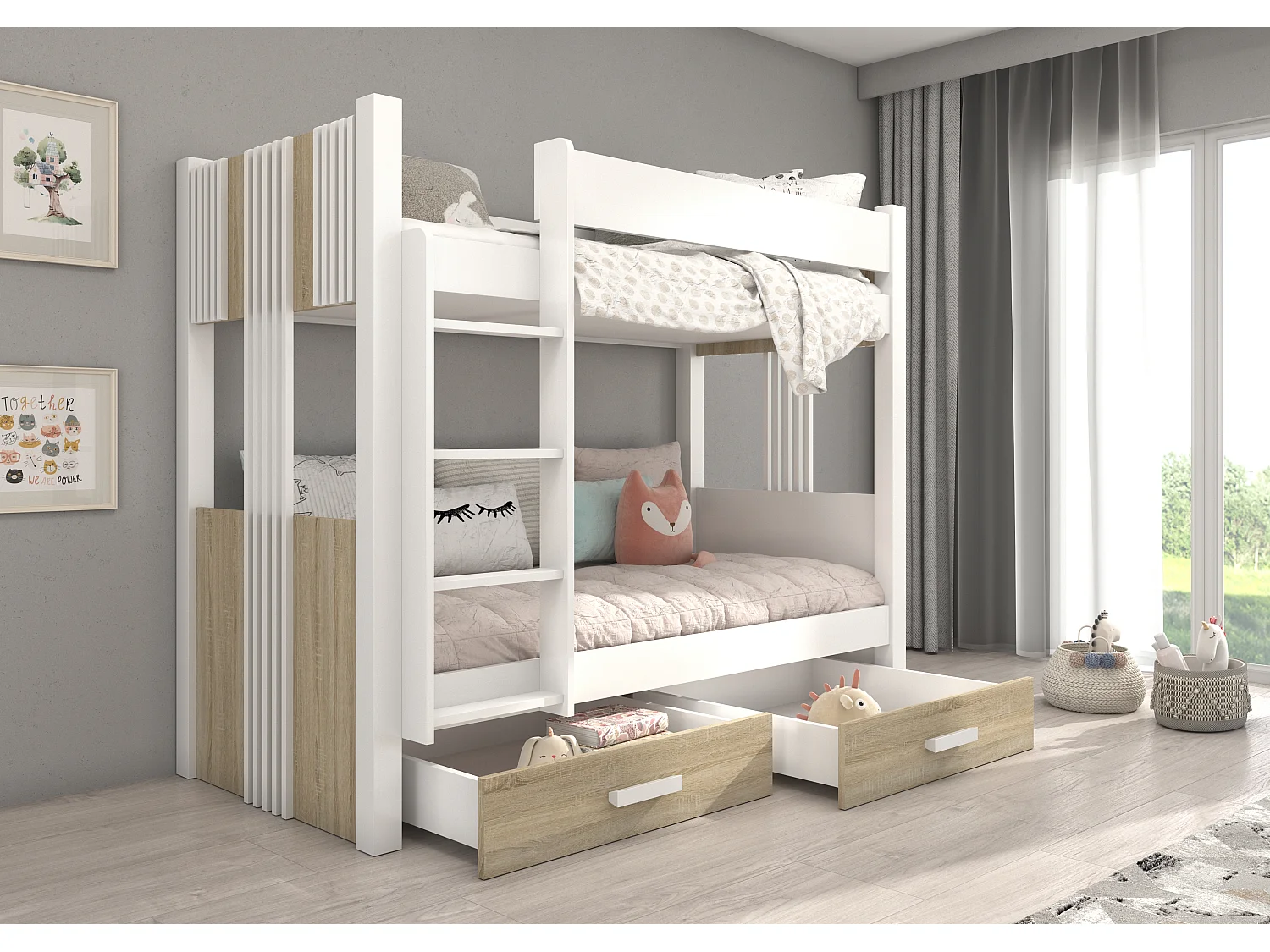 Lit superposé blanc et bois Sonoma 2 couchages 80x180 ou 90x200 avec tiroirs de rangement Luka-2 matelas 90x200-90x200