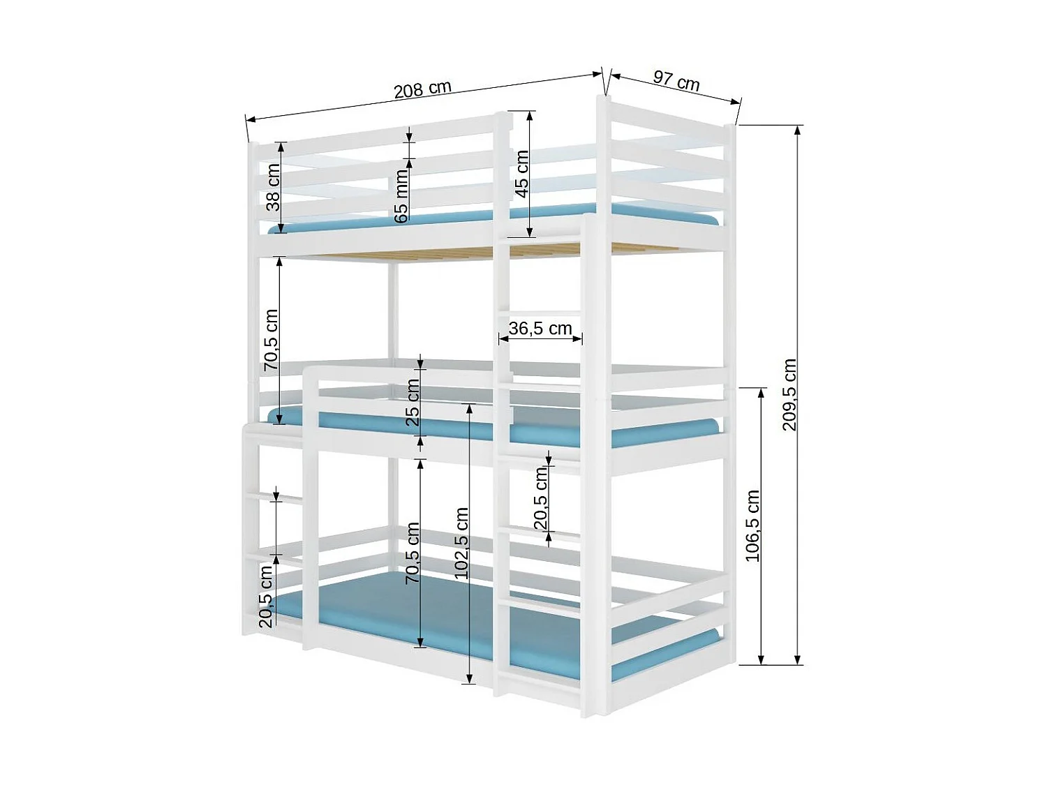 Lit superposé 3 niveaux pin naturel 90x200 Barcelona