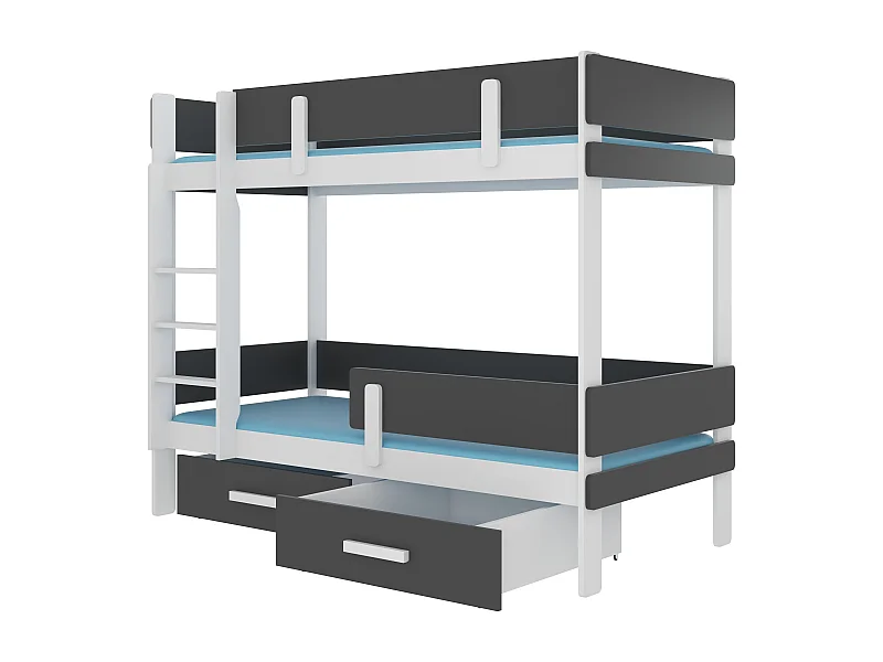 Lit superposé 2 niveaux avec 2 tiroirs de rangement blanc et gris graphite 90x200 Palko