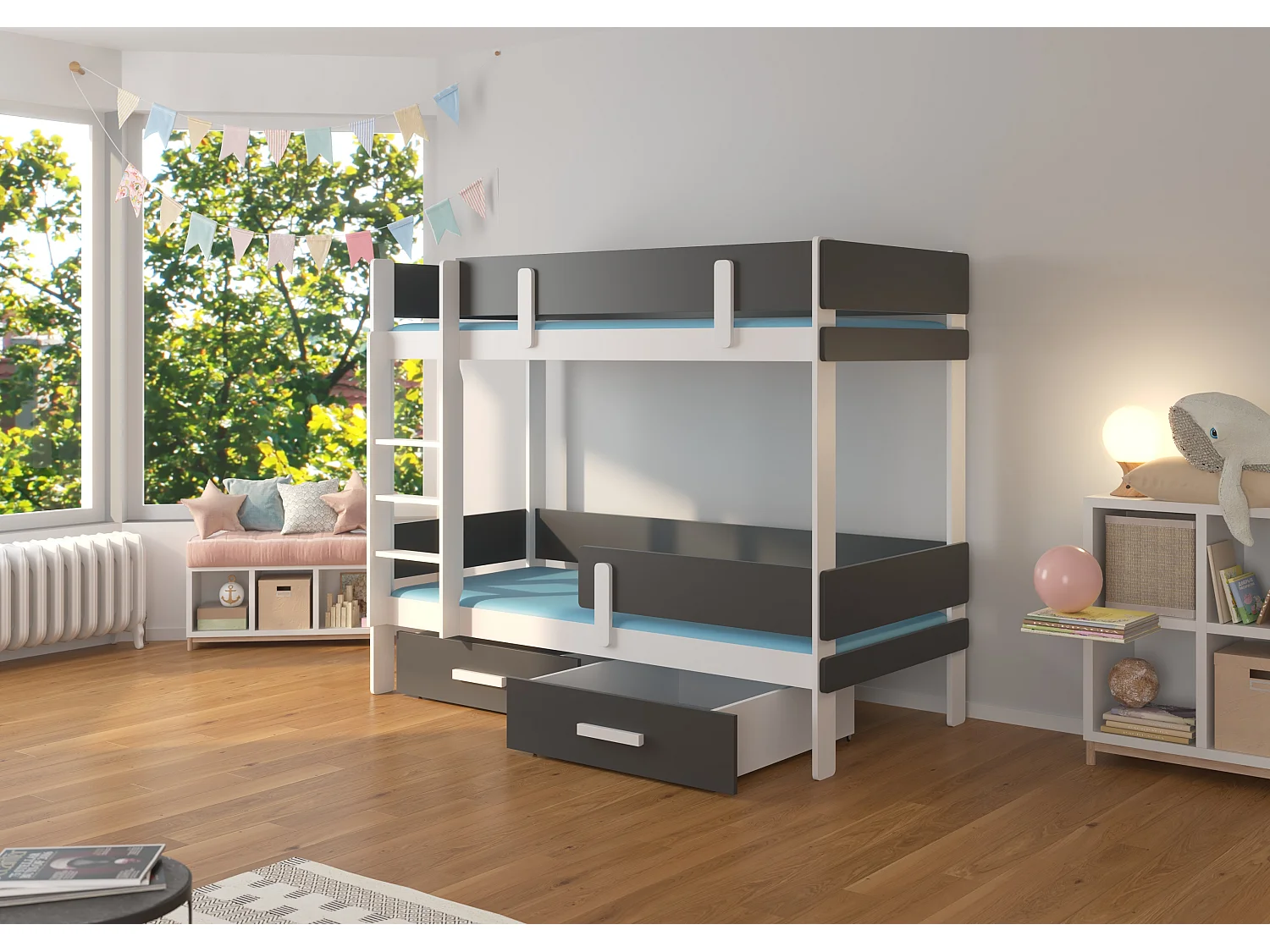 Lit superposé 2 niveaux avec 2 tiroirs de rangement blanc et gris graphite 90x200 Palko