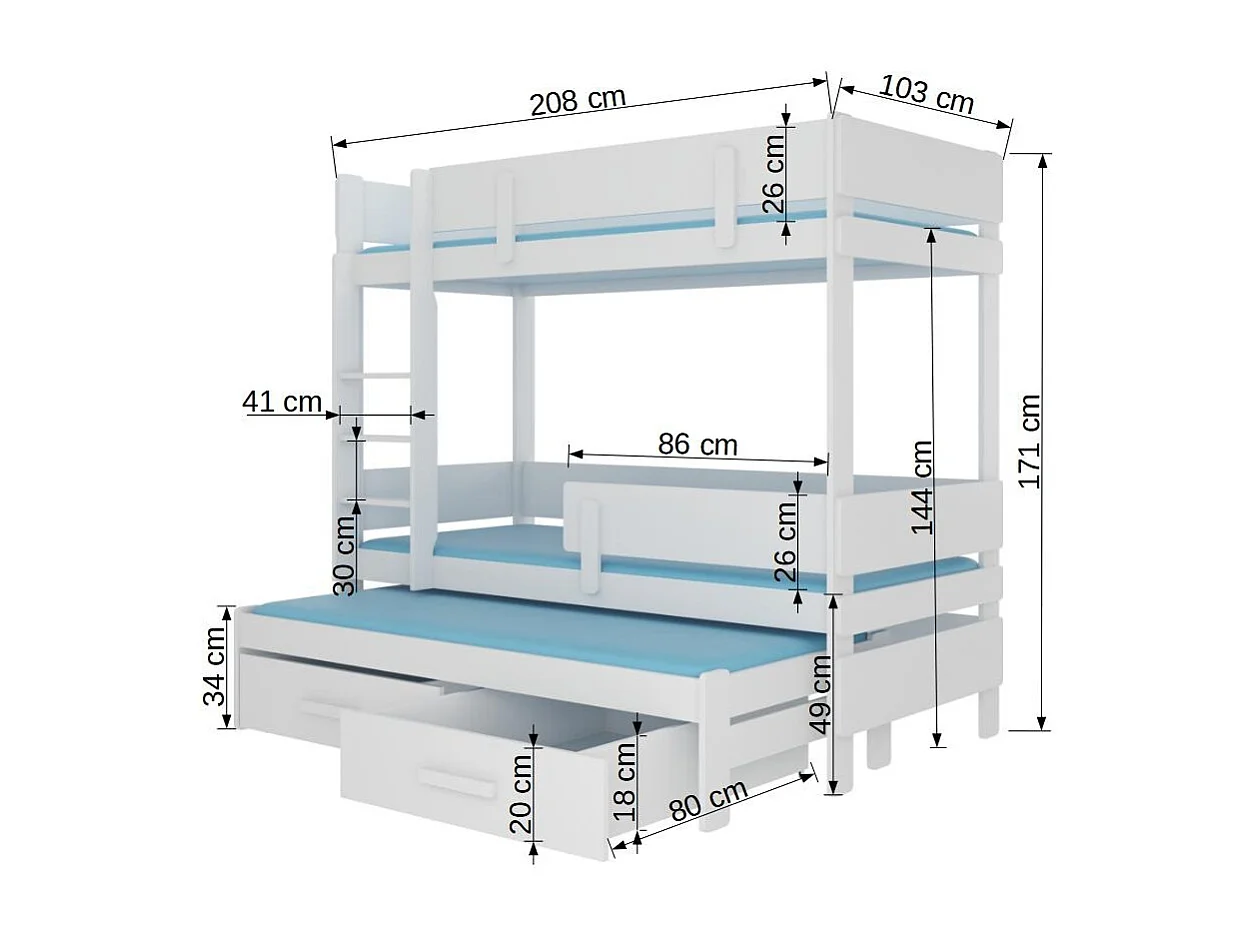 Lit superposé 2 niveaux avec 2 tiroirs de rangement blanc et gris graphite 90x200 Palko