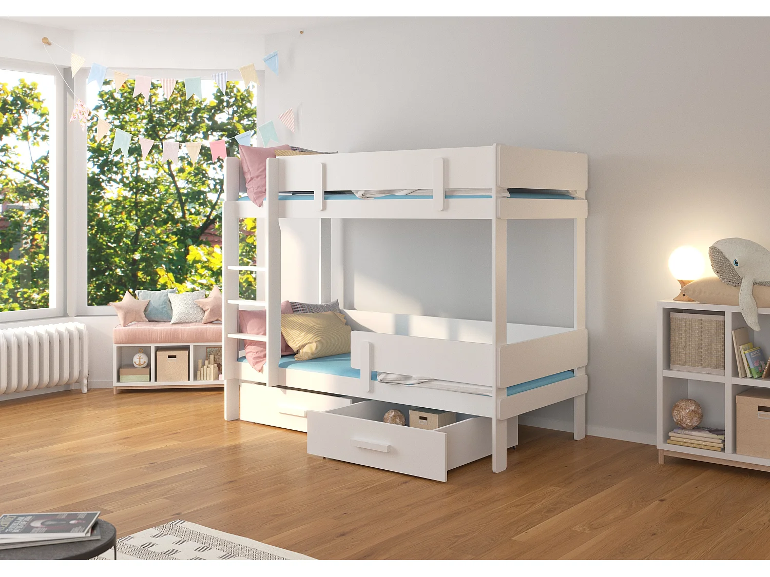 2-laags stapelbed met 2 witte opberglades 90x200 cm Palko