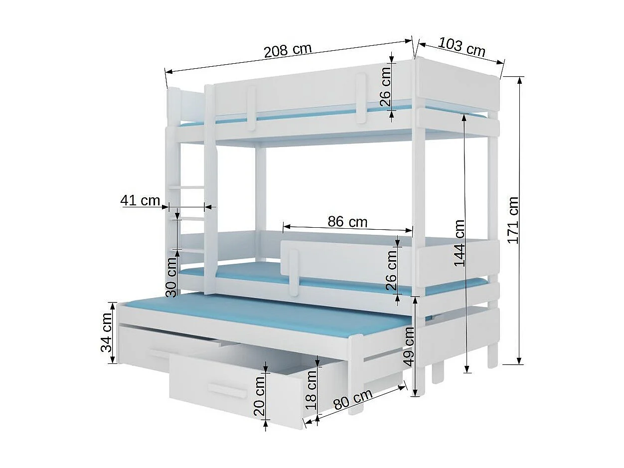 2-laags stapelbed met 2 witte opberglades 90x200 cm Palko