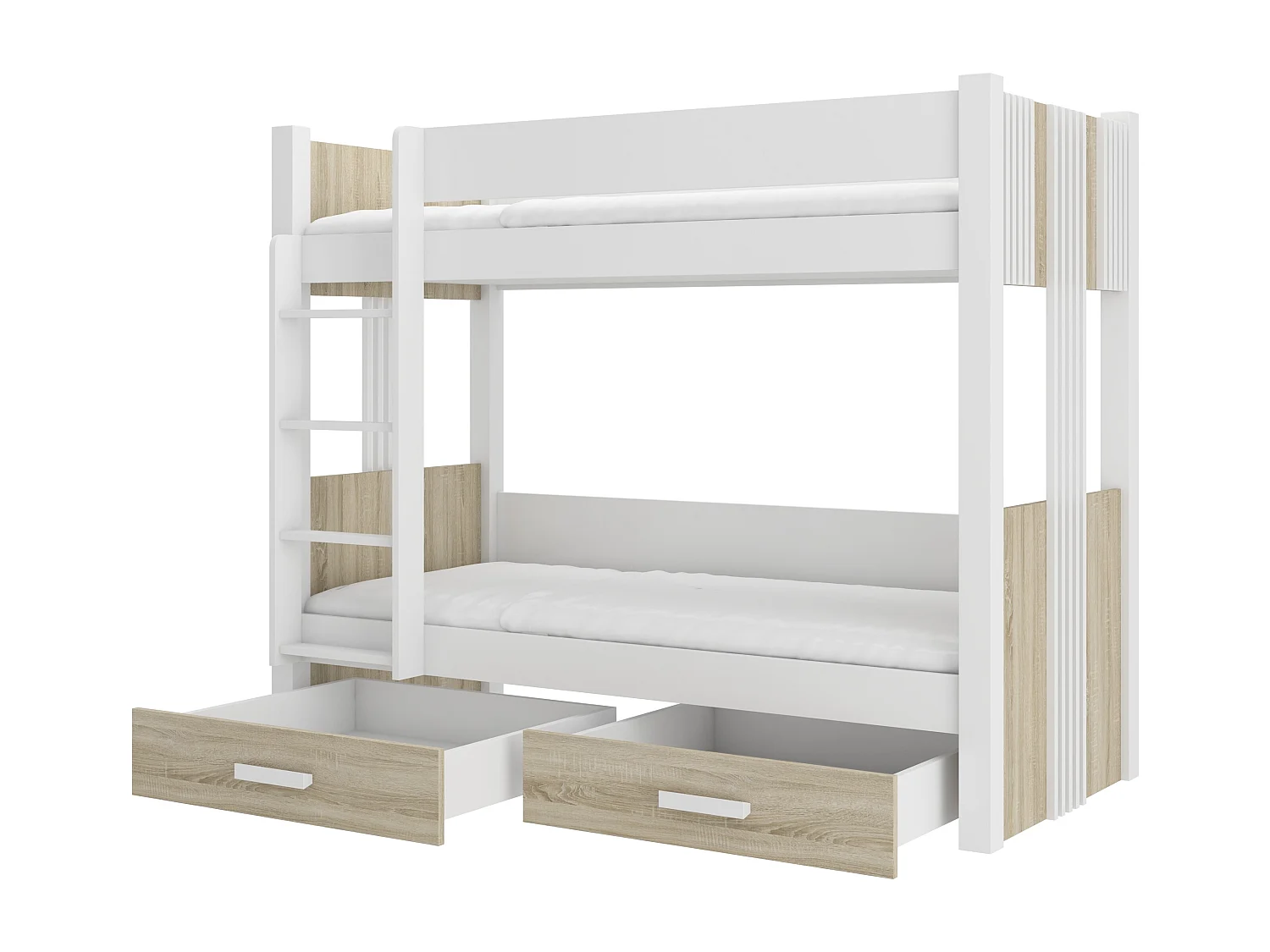 Lit superposé blanc et bois Sonoma 2 couchages 80x180 ou 90x200 avec tiroirs de rangement Luka-2 matelas 80x180-80x180