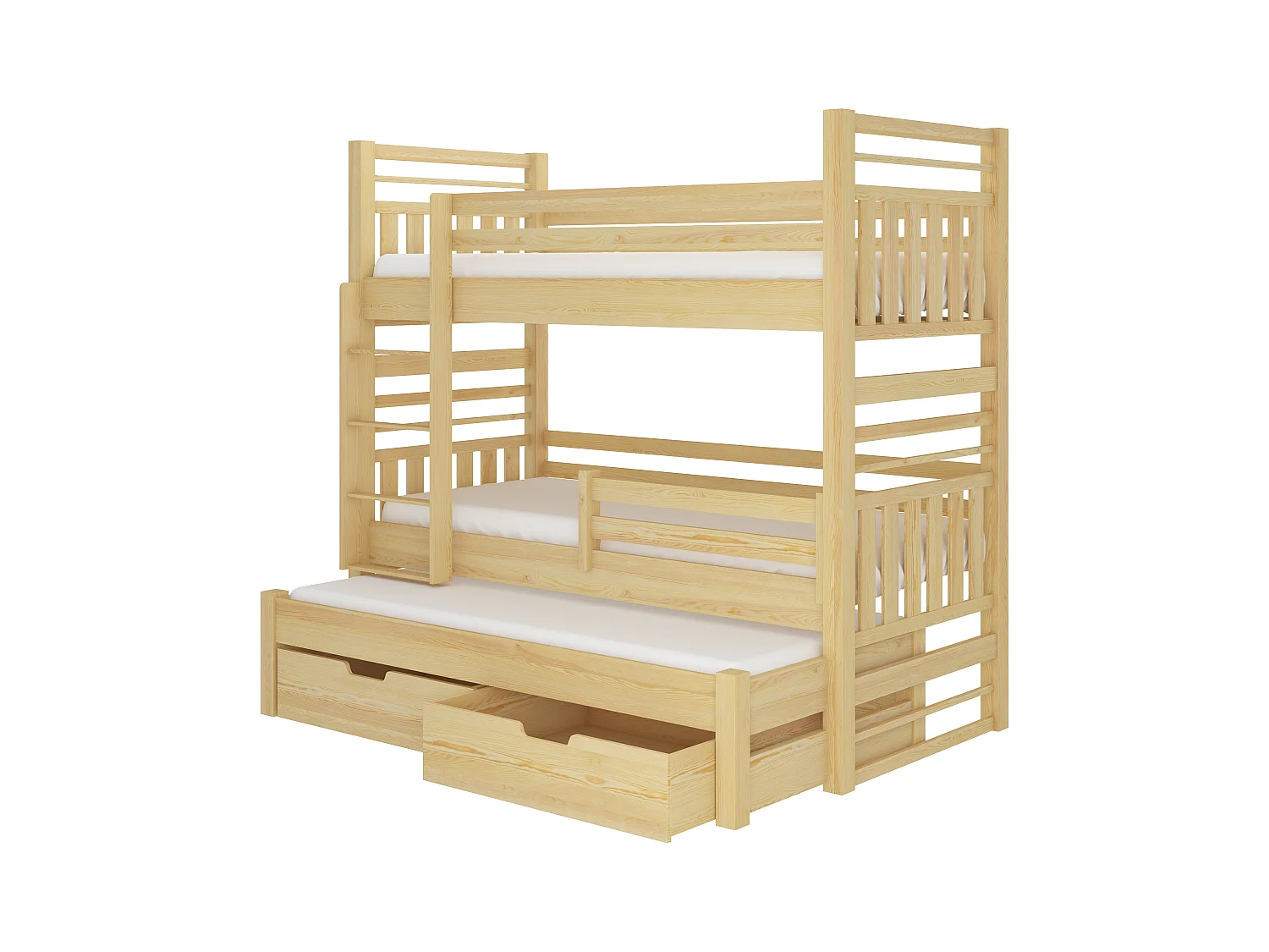 Lit superposé 3 couchages avec 2 tiroirs de rangement bois pin naturel 90x200 Niko