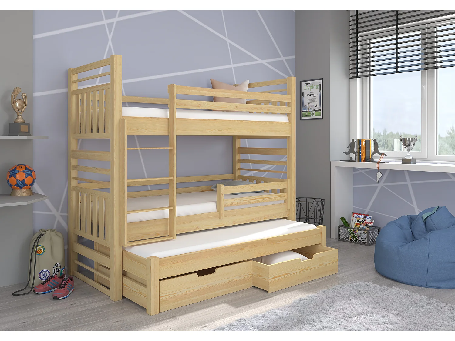 Lit superposé 3 couchages avec 2 tiroirs de rangement bois pin naturel 90x200 Niko