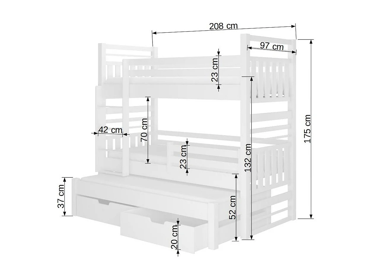 Lit superposé 3 couchages avec 2 tiroirs de rangement bois pin naturel 90x200 Niko