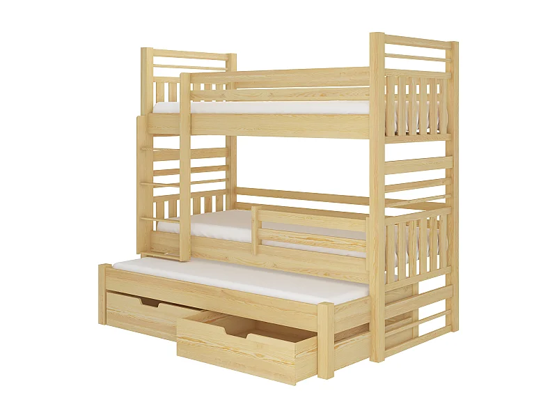 Stapelbed voor 3 personen met 2 opberglades in naturel grenenhout 90x200 cm Niko