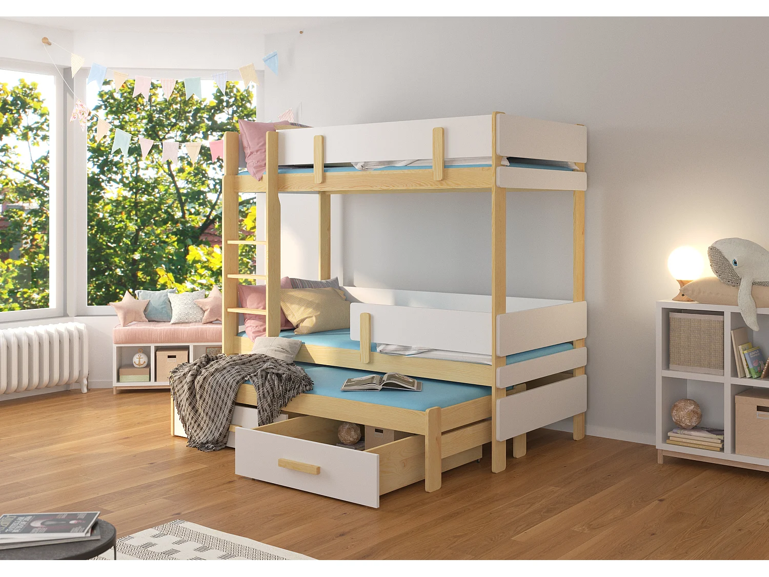 Lit superposé 2 niveaux avec 2 tiroirs de rangement bois de pin naturel et blanc 90x200 Palko