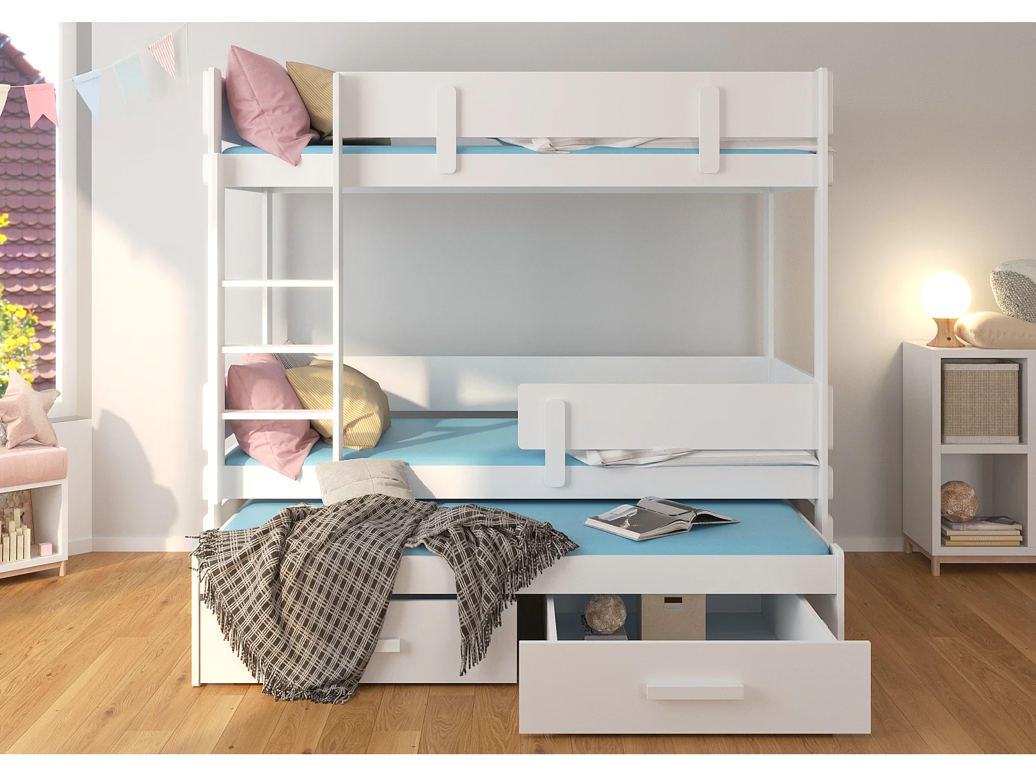 Lit superposé 2 niveaux avec 2 tiroirs de rangement bois de pin naturel et blanc 90x200 Palko