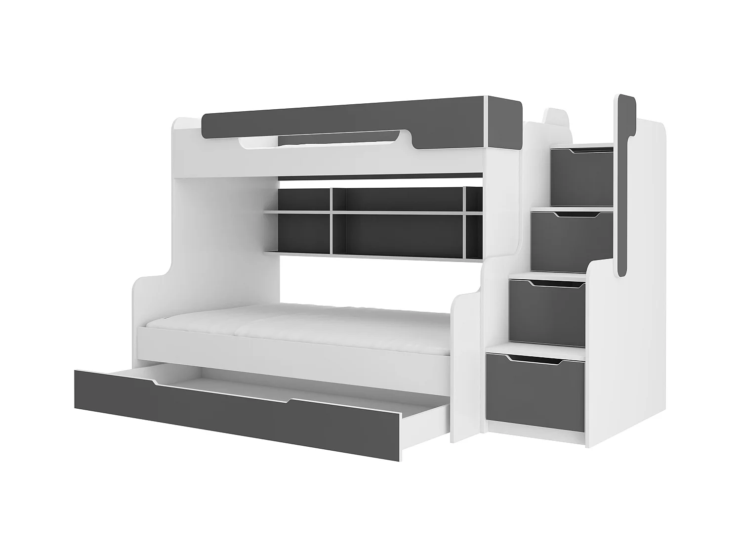 Lit superposé bois blanc et gris graphite 3 couchages 90x200 avec étagère et escaliers de rangement Karel