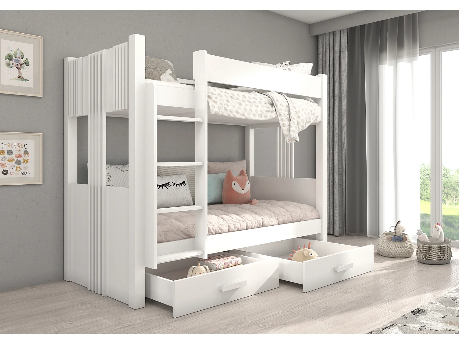 Lit superposé blanc 2 couchages 80x180 ou 90x200 avec tiroirs de rangement Luka-90x200