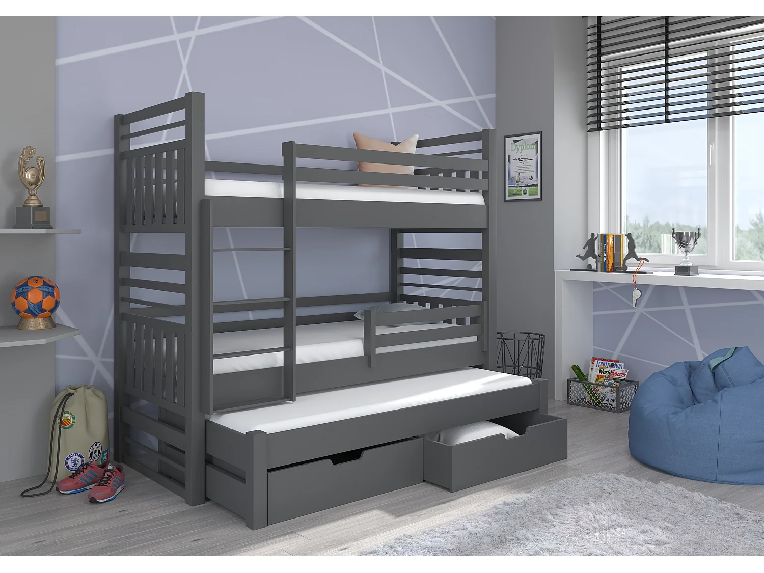 Lit superposé 3 couchages avec 2 tiroirs de rangement gris graphite 90x200 Niko