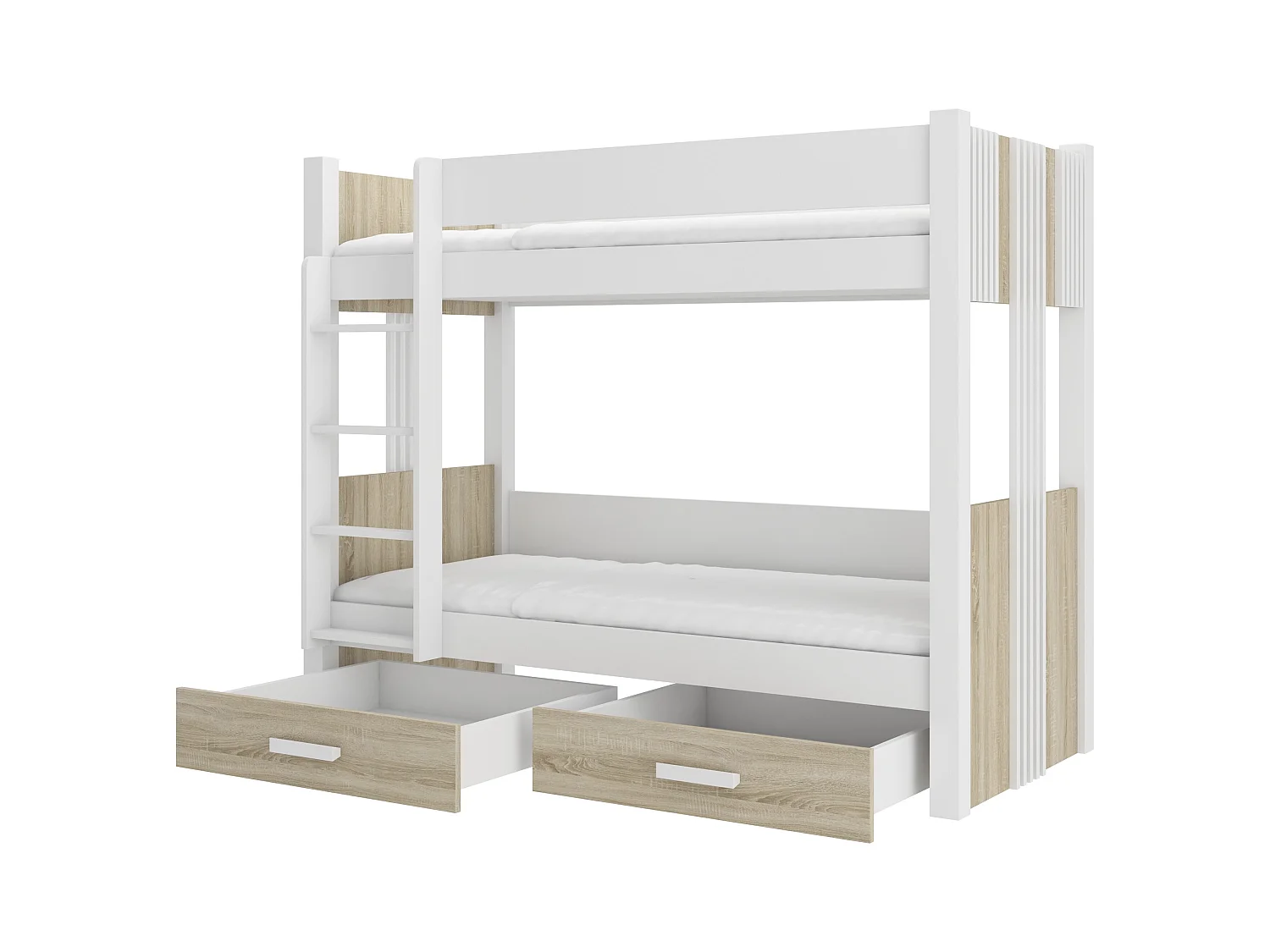 Lit superposé blanc et bois Sonoma 2 couchages 80x180 ou 90x200 avec tiroirs de rangement Luka-90x200