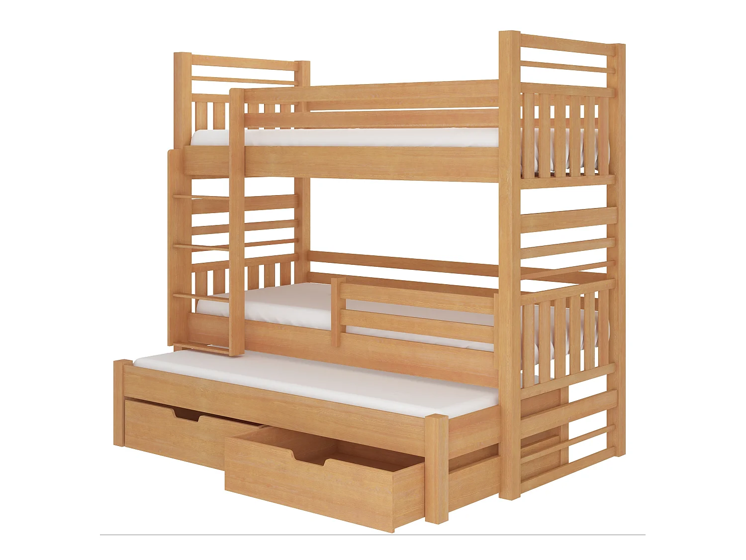 Lit superposé 3 couchages avec 2 tiroirs de rangement bois clair 90x200 Niko